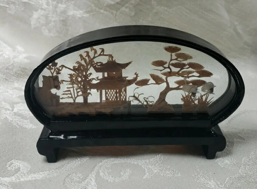 Chinese Lacquered Oval Hand Carved Cork Diorama, Pagoda Trees Cranes VTG 5×3″