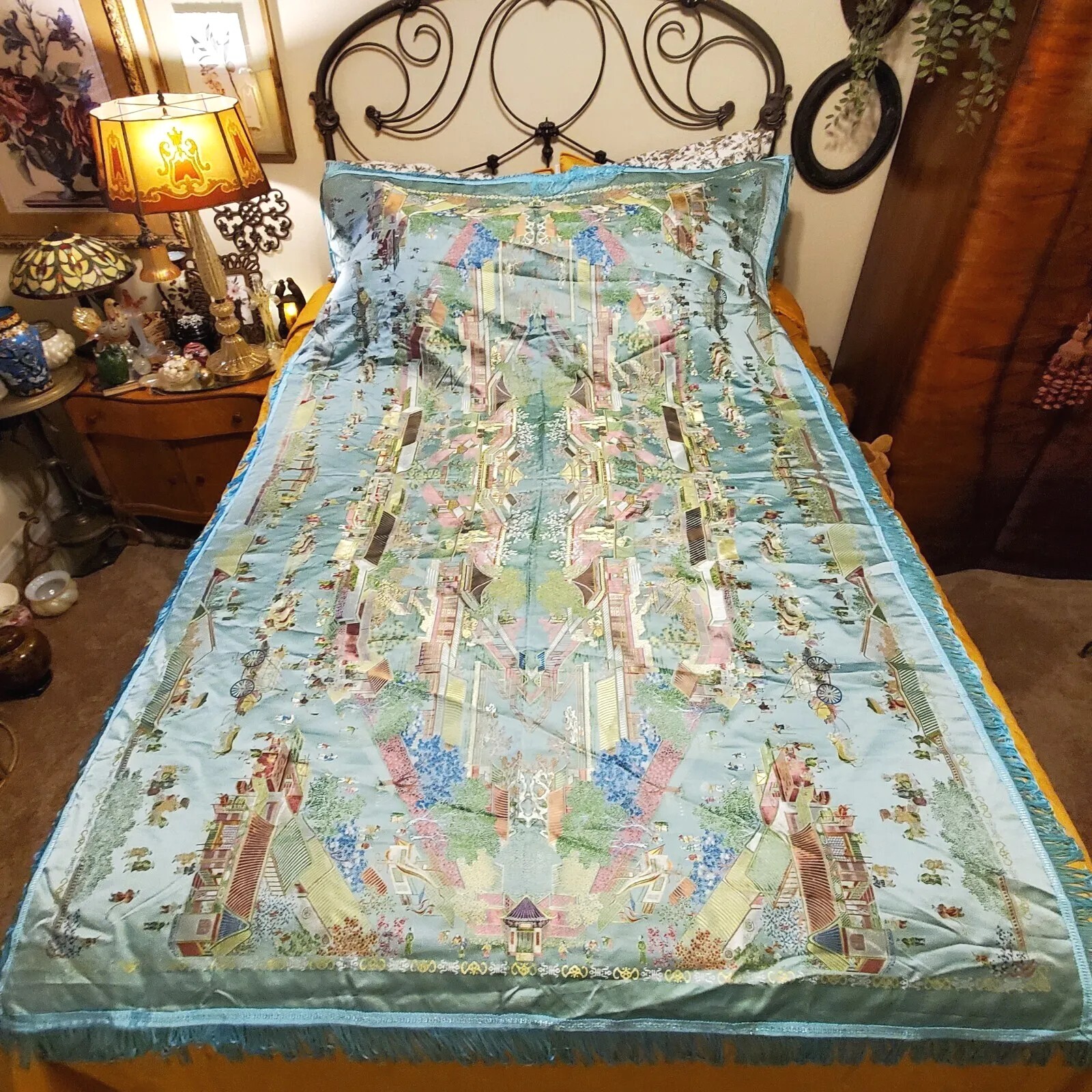 Vintage Gorgeous “Brocaded Flowers” Chinese Silk Tapestry Tablecloth 80″x54″