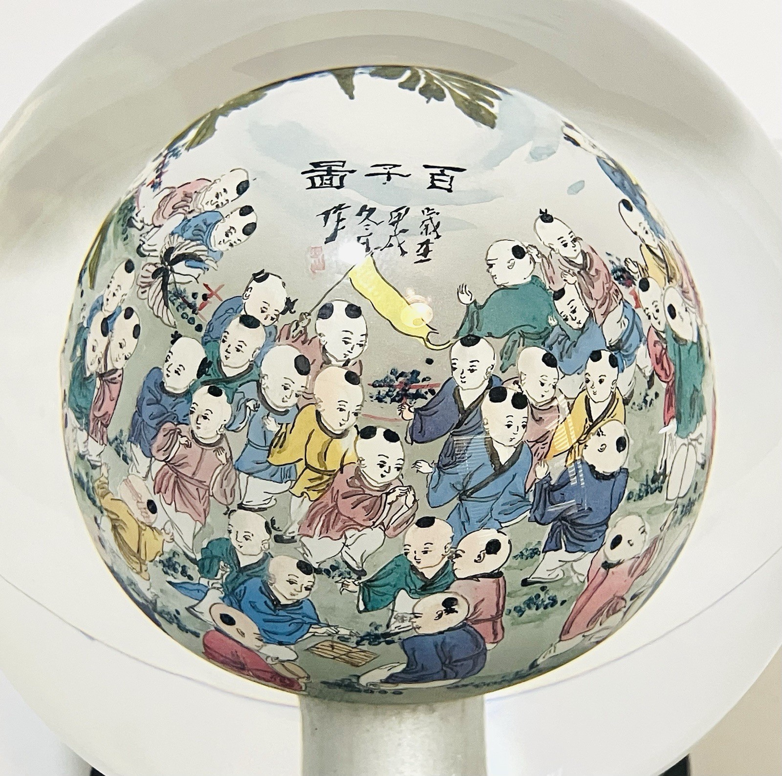 Chinese Reverse Hand Painted Glass Ball Wood Base Hundred Children Playing Motif