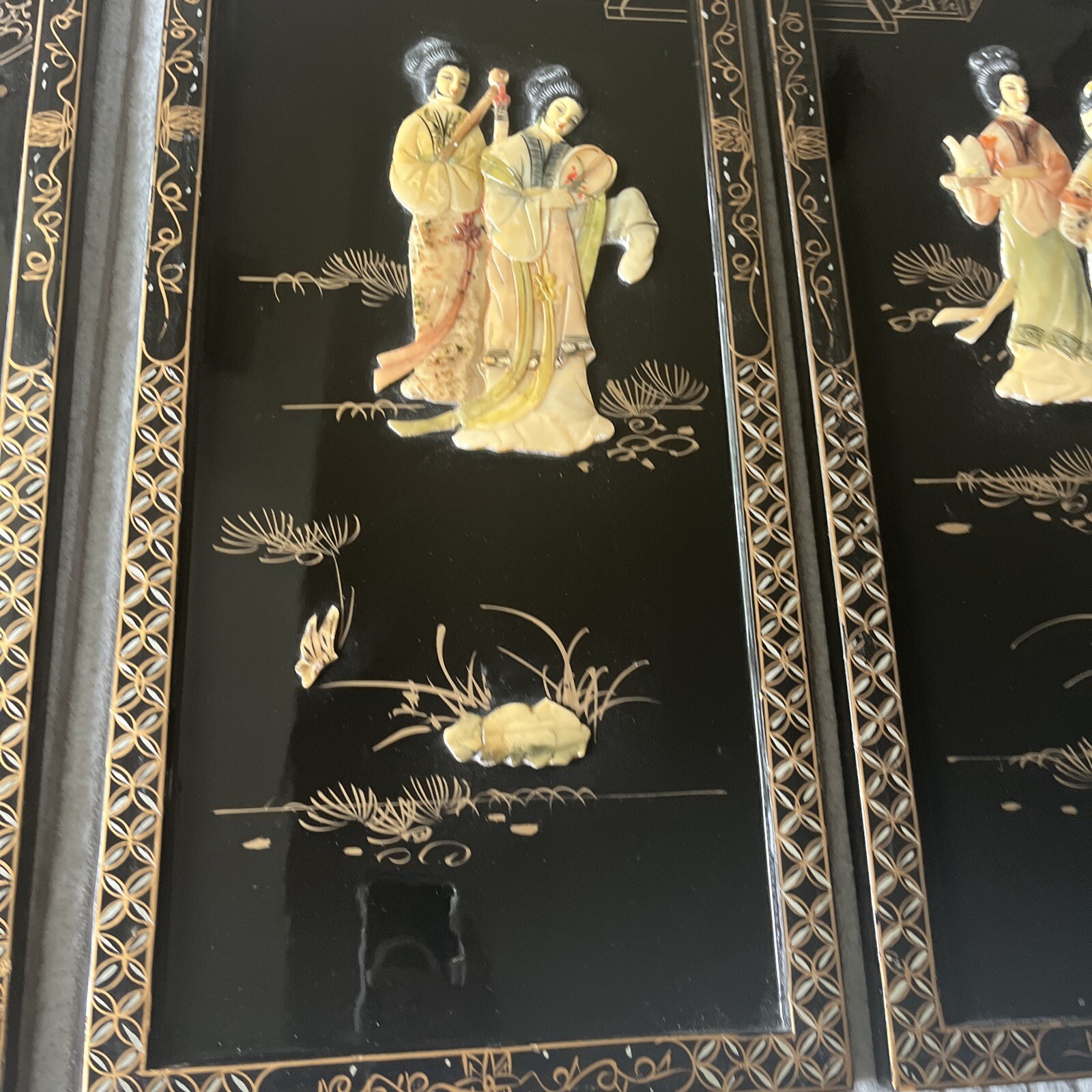 4 Asian/Oriental Hanging Wall Panels Mother Of Pearl Black Lacquer 36”X12” (READ