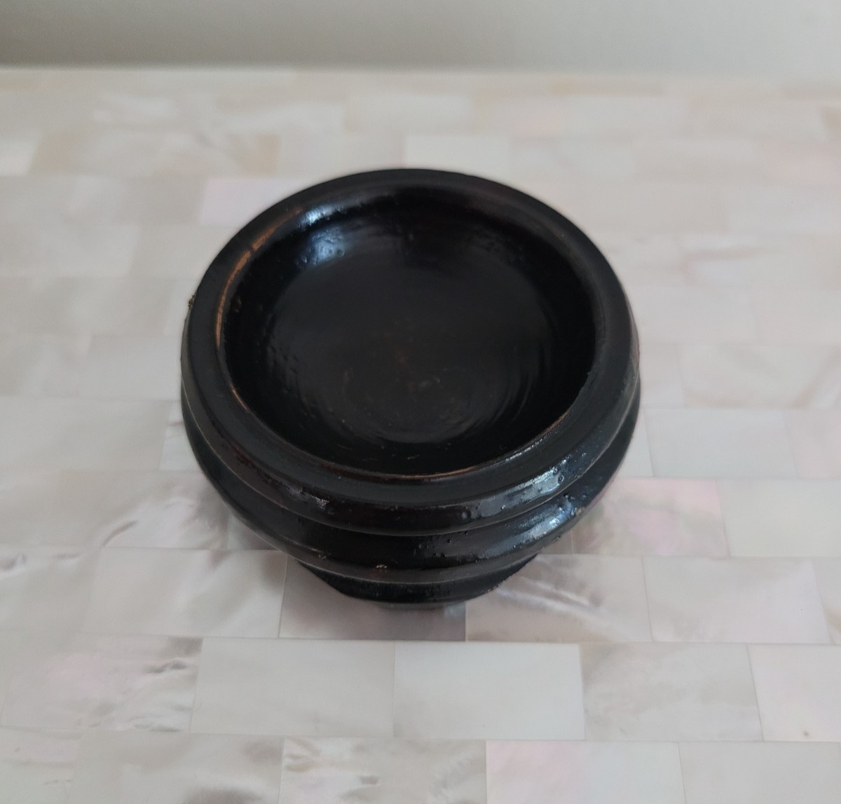 Vintage Chinese Large Black Floral Bird Cloisonne Egg on Wood Stand 5-5/8″ High
