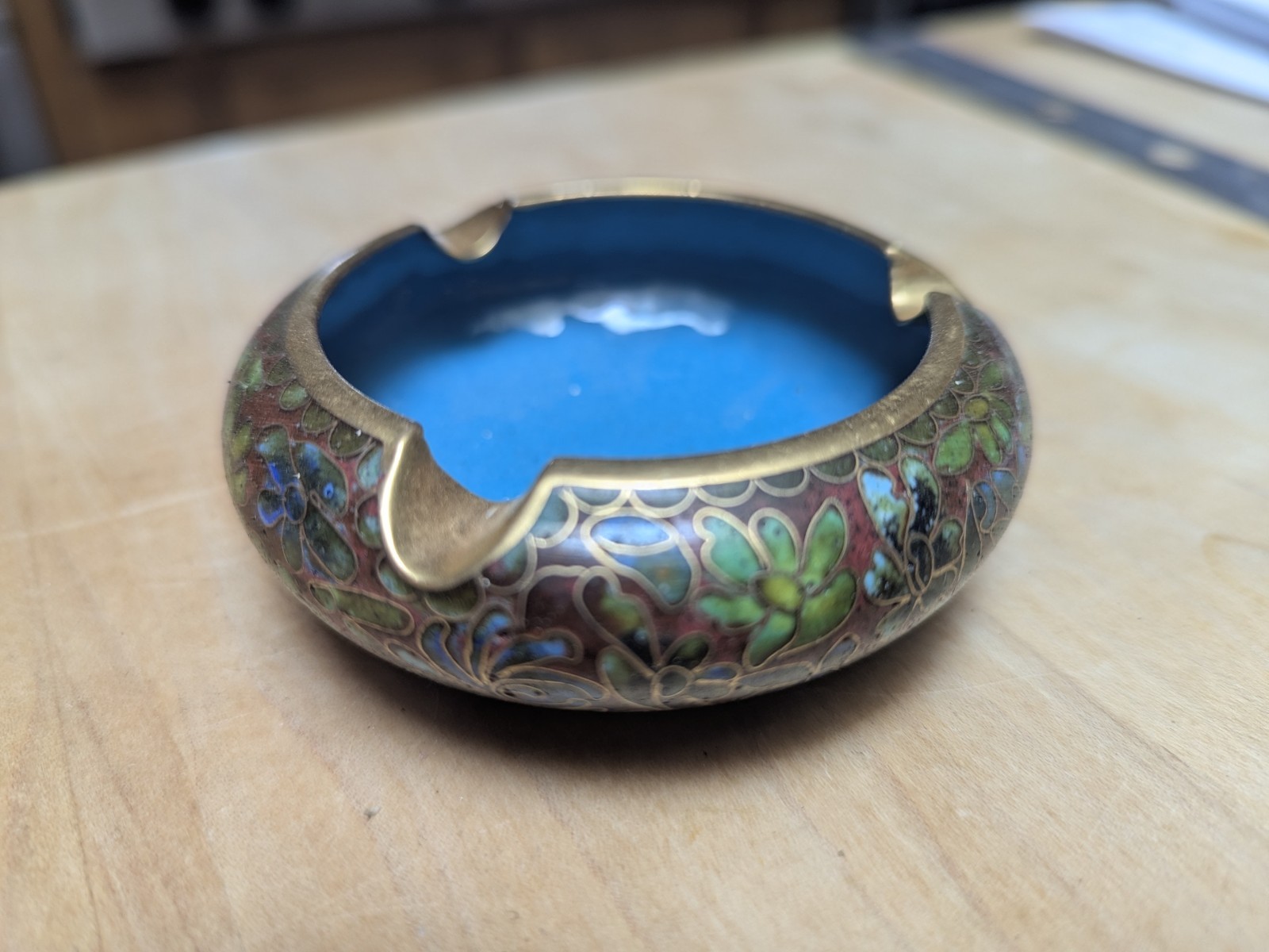 Vintage Chinese Ashtray 5″ Enamel Blue Cloisonné Gold
