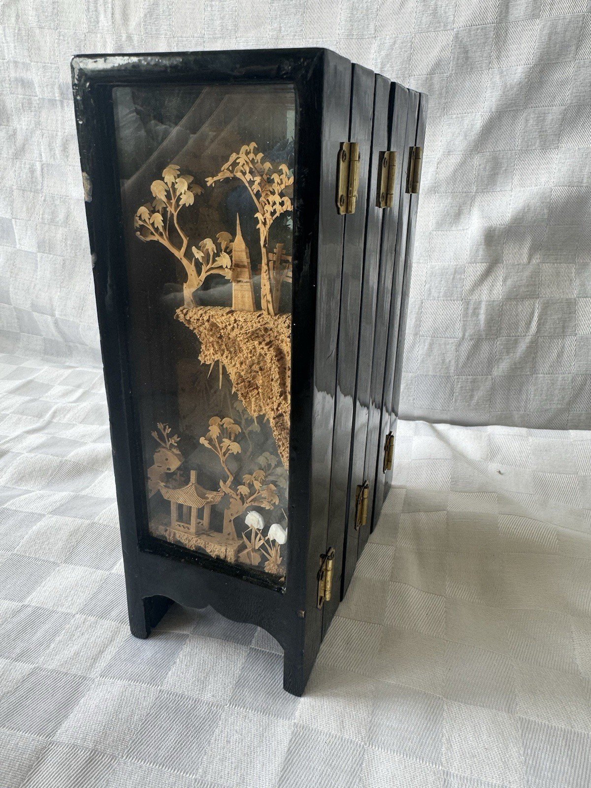 Chinese Cork Art Folding Screen 6 Panel Diorama Landscape Pagoda Black Lacquer