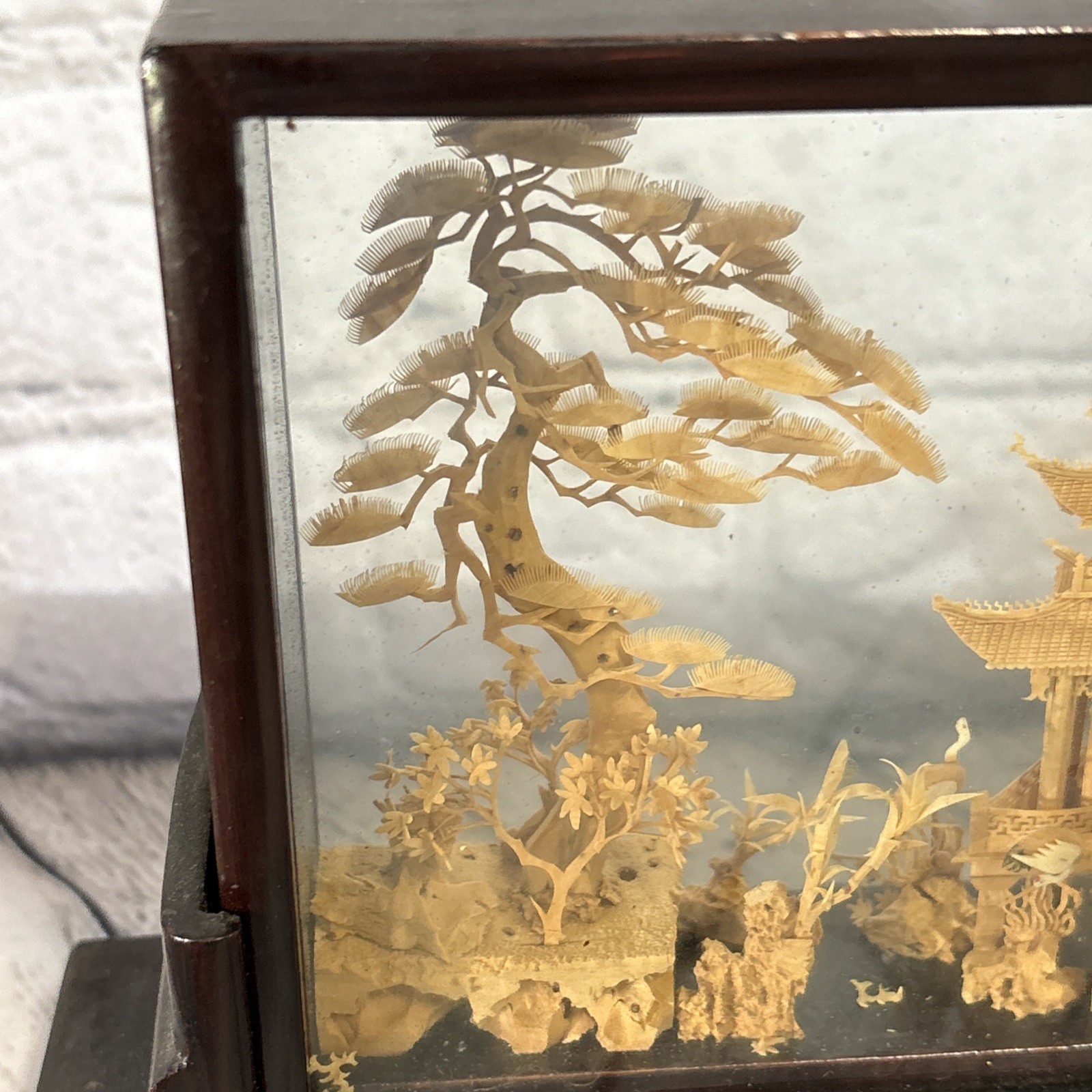 Vintage Hand-Carved Chinese Cork & Wood Sculpture Encased In Shadow Box W/Stand