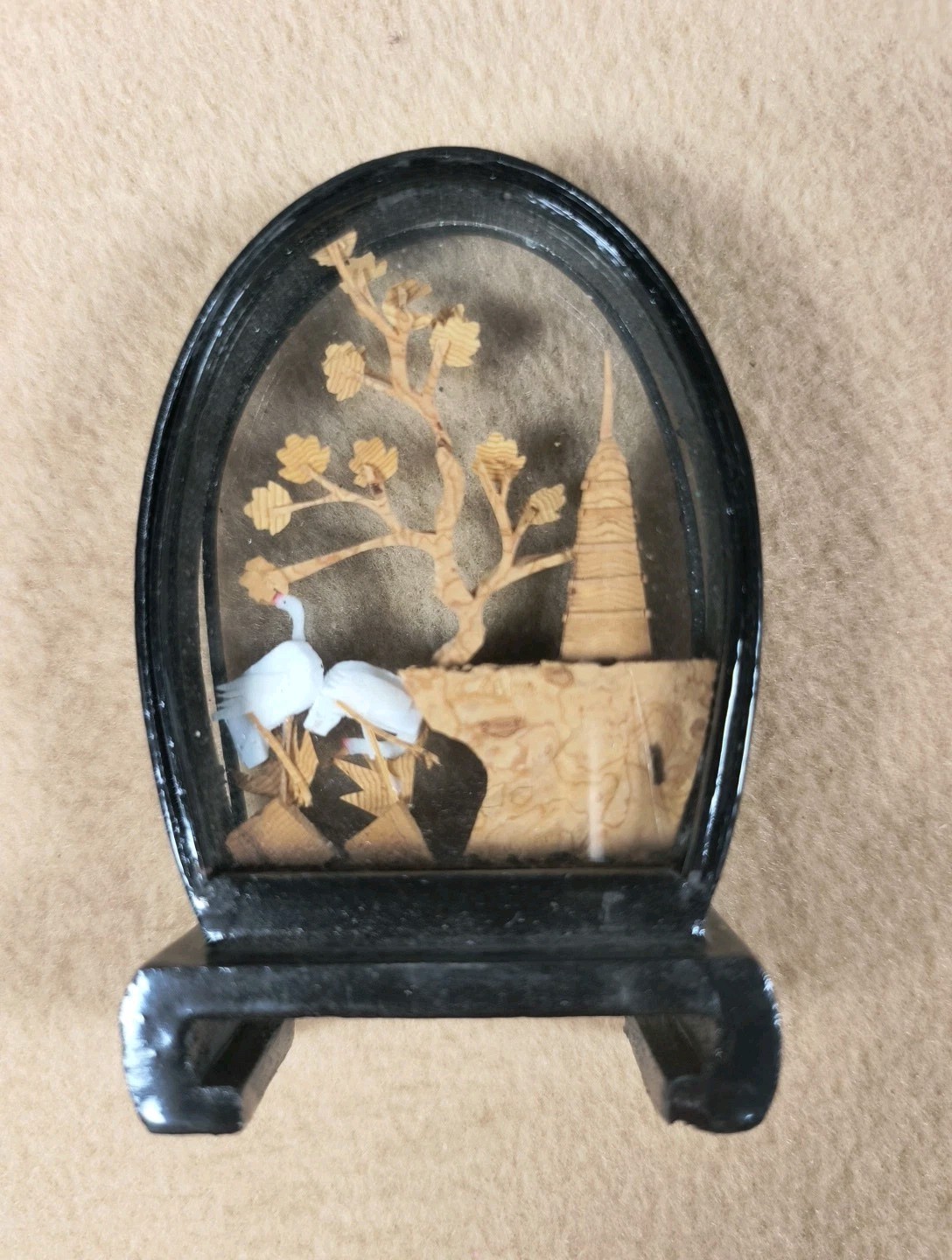 5 Vintage Chinese Oriental Asian CORK Carving DIORAMA Art 3D Cranes Shadow Box