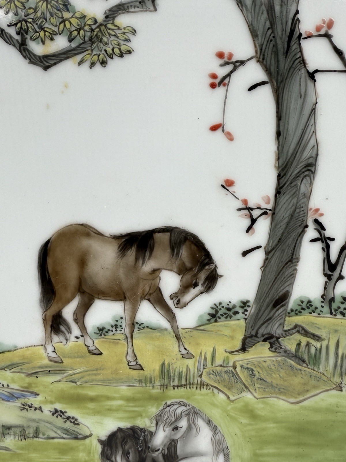 Chinese Hand Painted Porcelain Plaque Eight Horses Framed Wall Art Vintage