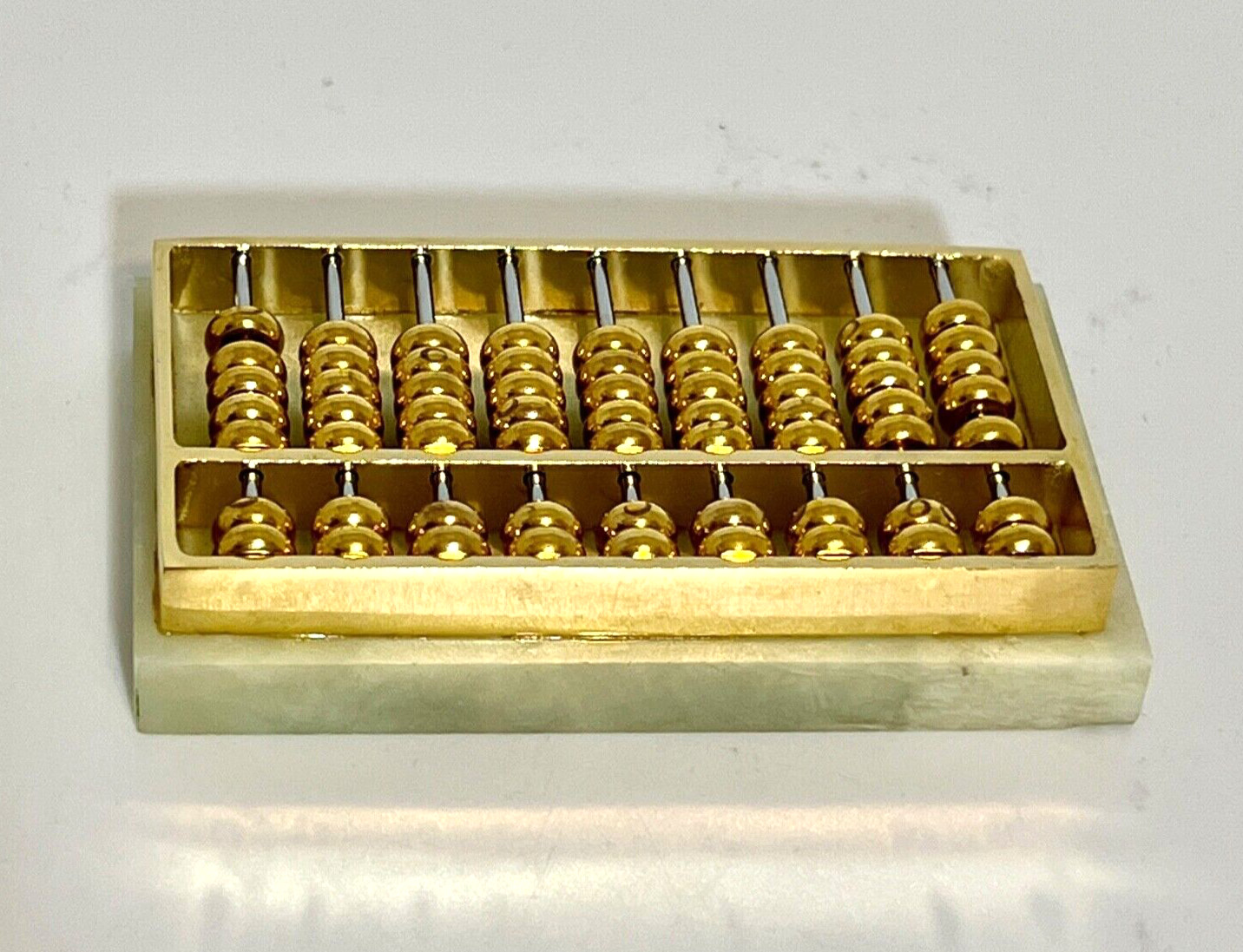 Vtg Mini Brass ABACUS Paper Weight Lt Green Marble Base 3.25″x2″ Desk Office NIB