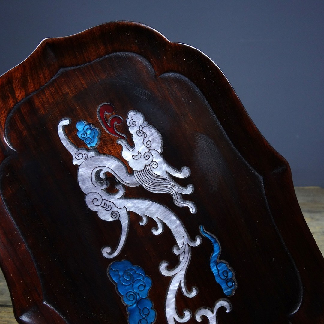 Vintage Sandalwood Inlaid Abalone Dragon Tea Tray Decor 18.5cm