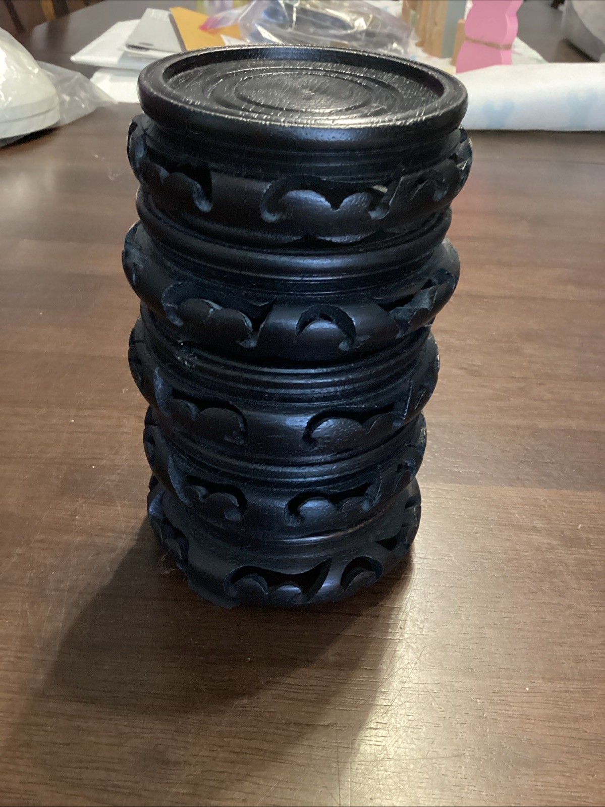 Chinese Hand Carved Wooden Round Display Stand Lot Of 5