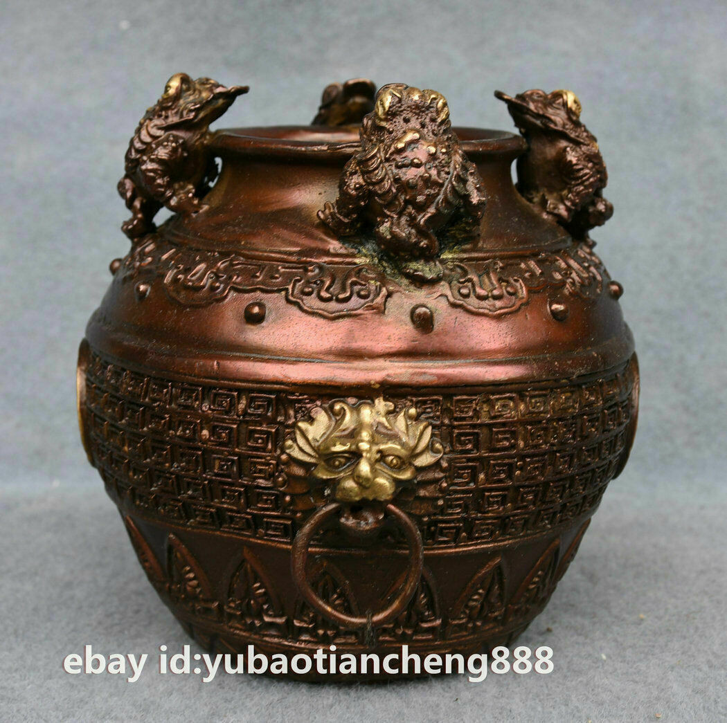 Chinese Folk Bronze Golden Toad Spittor wealth Beast Head Statue Tank Jug Jar