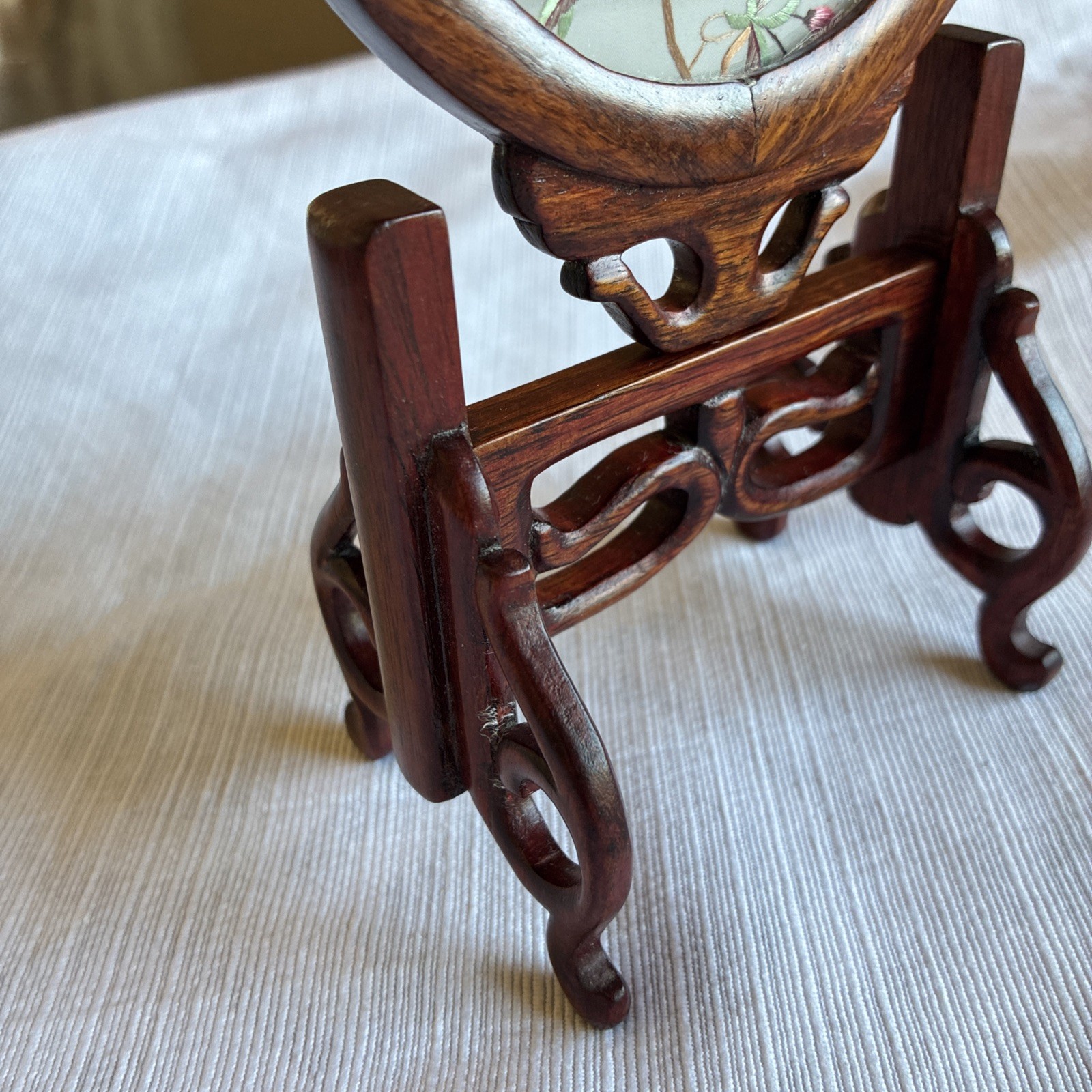 VNTG Chinese Silk Double Sided Embroidery Songbird Round Table Screen Wood/4.5”
