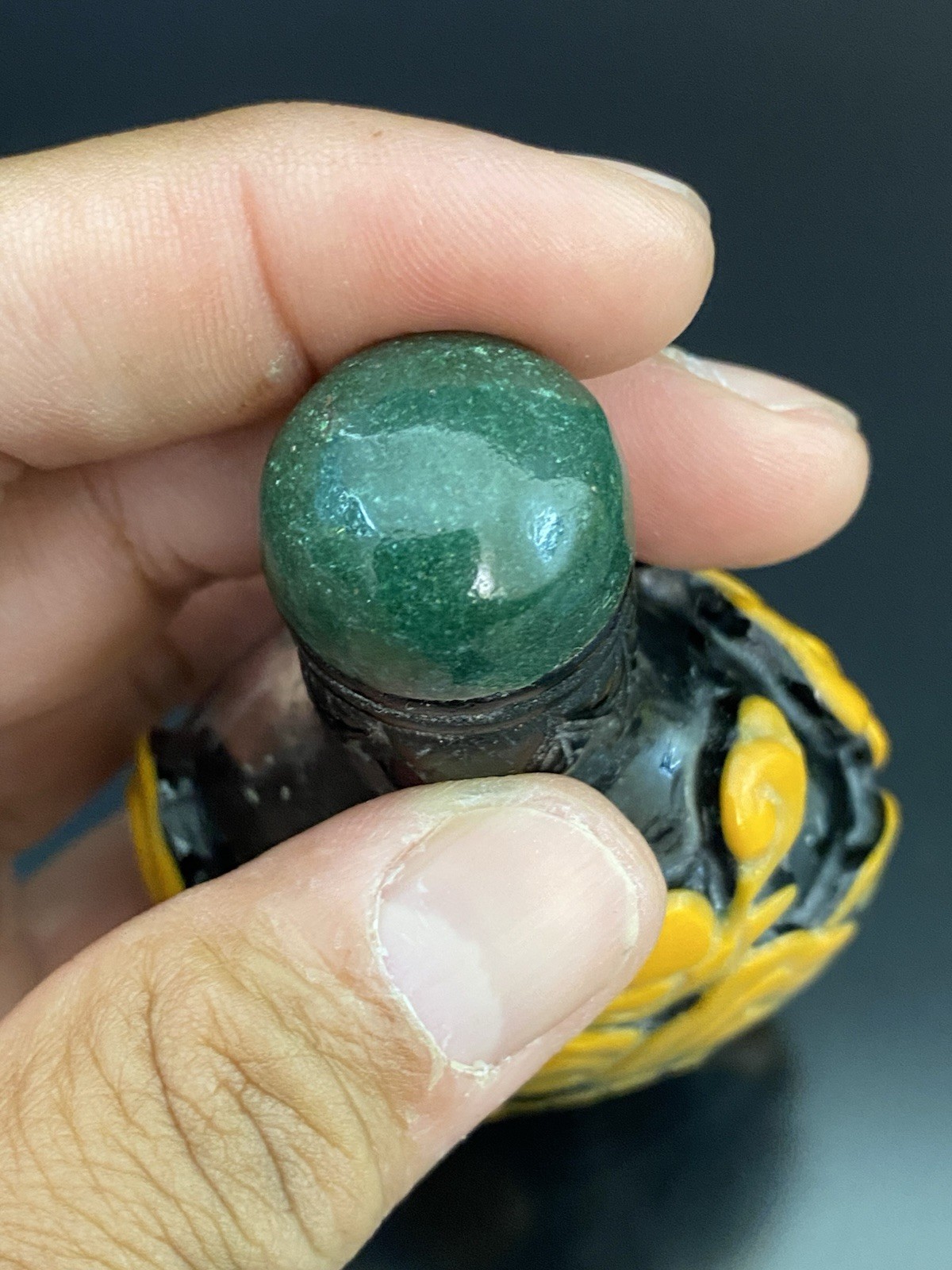 Antique Chinese Black Peking Glass Orange Overlay Snuff Bottle Jade Top