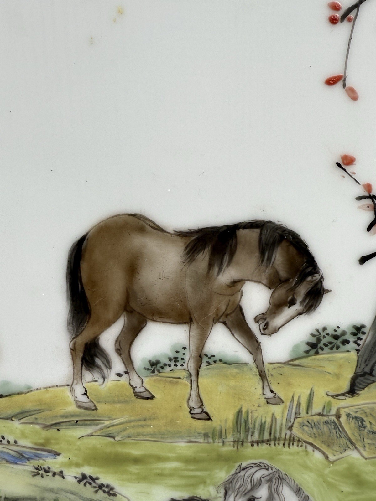 Chinese Hand Painted Porcelain Plaque Eight Horses Framed Wall Art Vintage