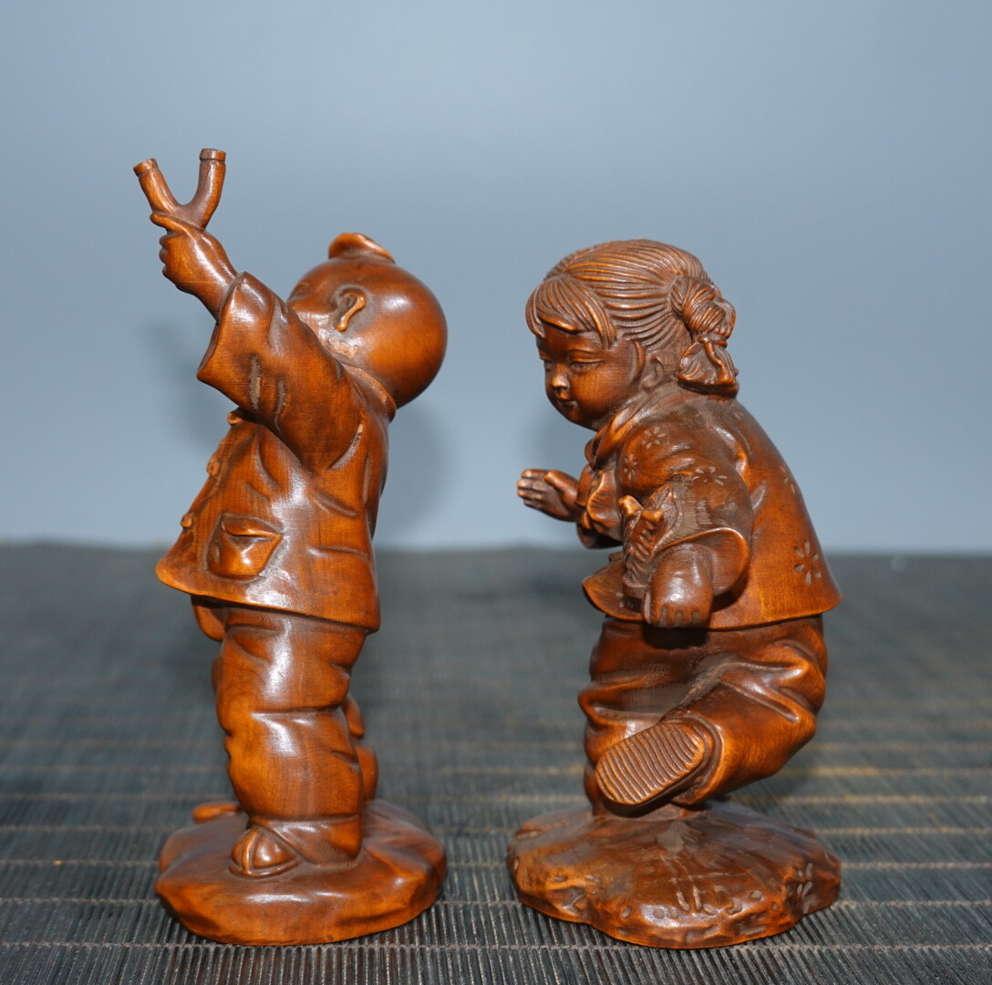 4.5″ Collect China Box-wood Carving Naughty Young Boys and Girls Statue Pair