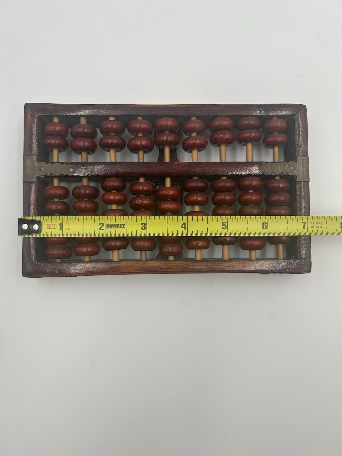 Vtg Chinese Abacus Rose Wood Frame with Brass Binding 9 row and 63 Beads 7”x 4”
