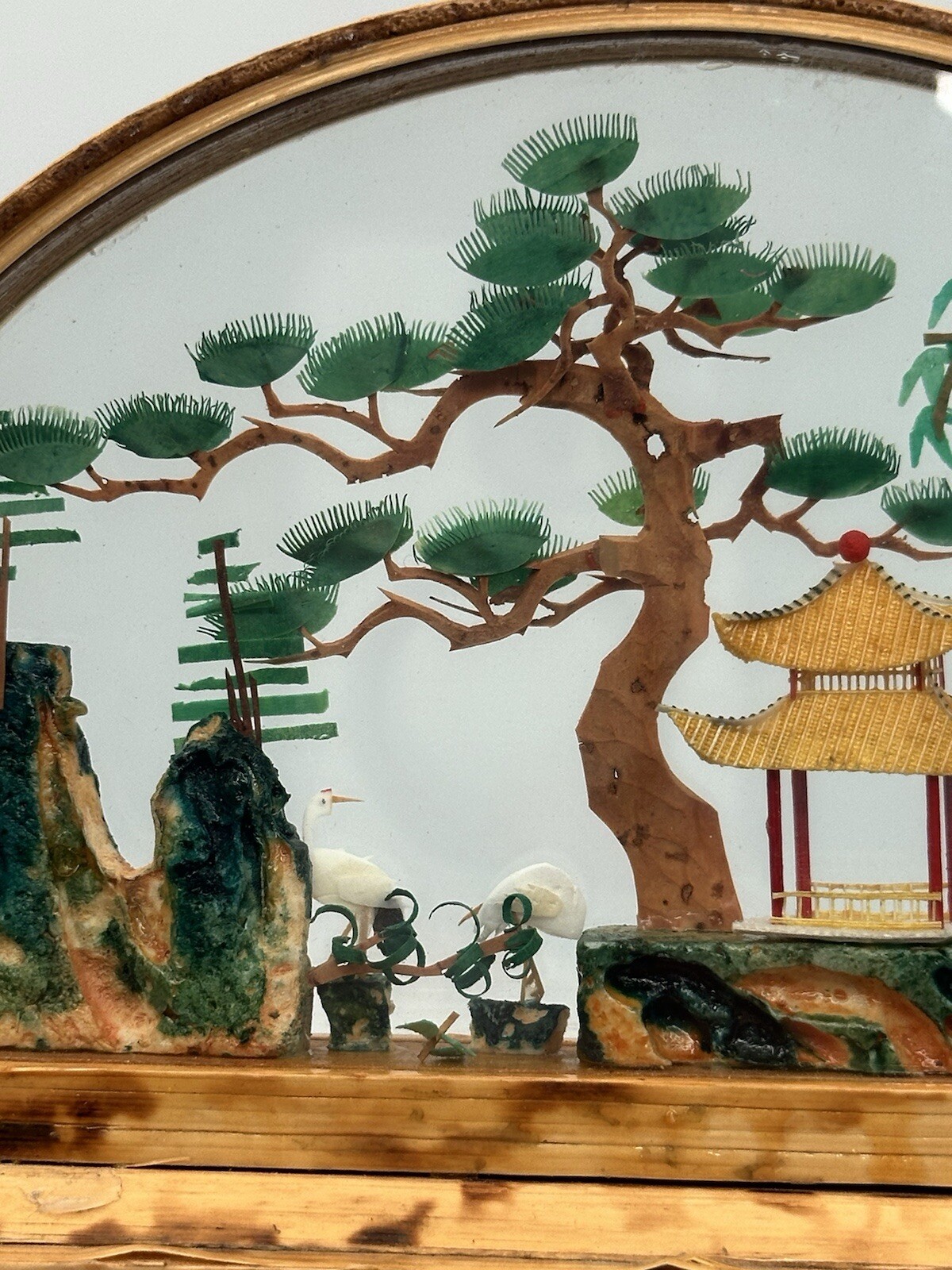 Vintage Oval Chinese Hand Carved Rock Cork And Paper Diorama Wood Tone Frame 3D