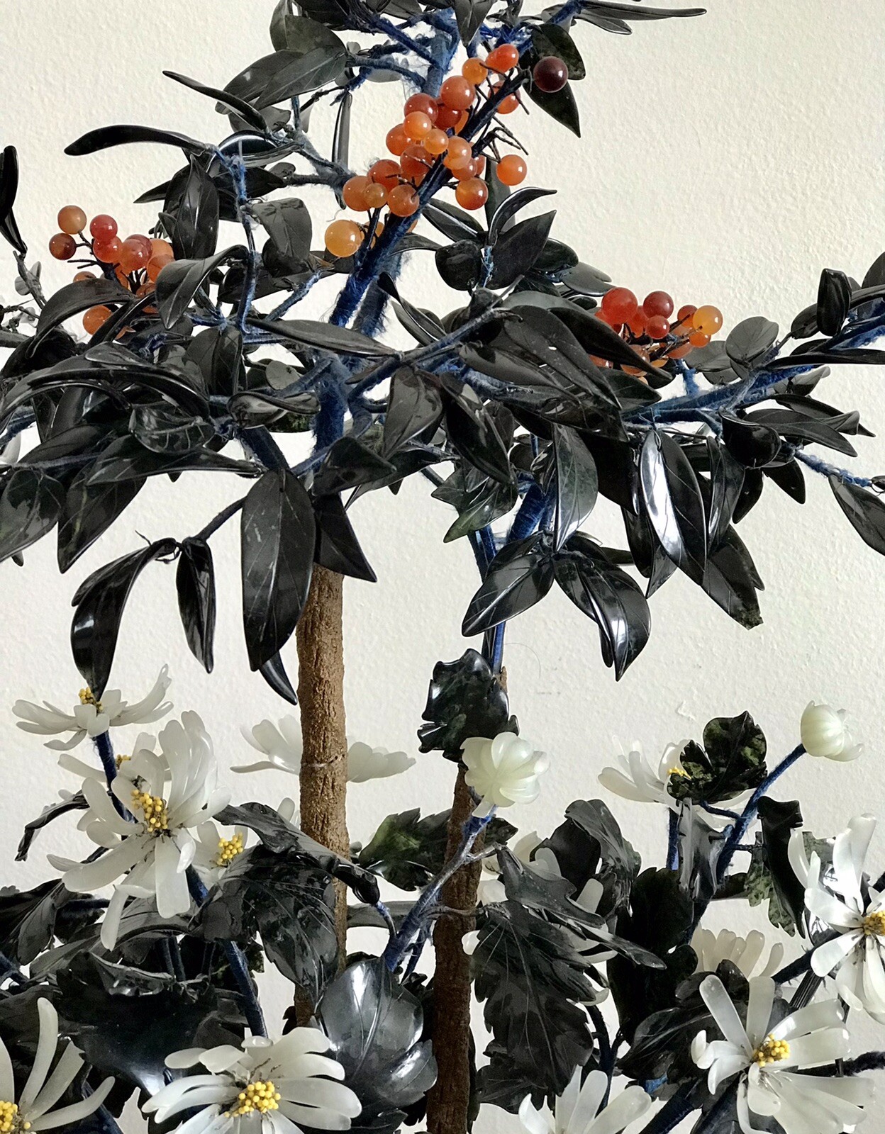 27” Tall Large Chinese Jade and Agate Bonsai Tree in Cloisonne Pot