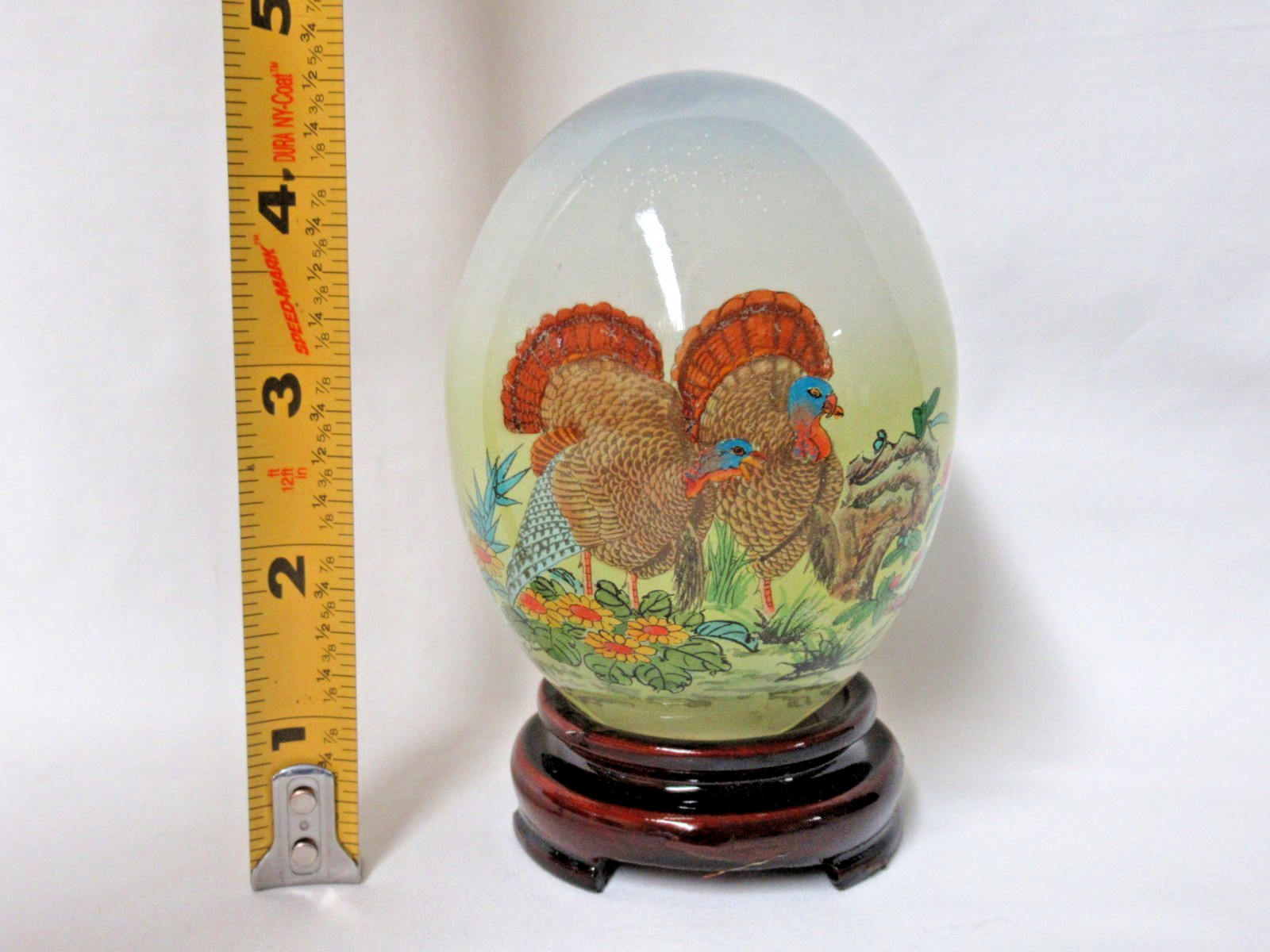 VINTAGE ORIENTAL ASIAN REVERSE HAND PAINTED GLASS EGG & STAND IN ORIGINAL BOX