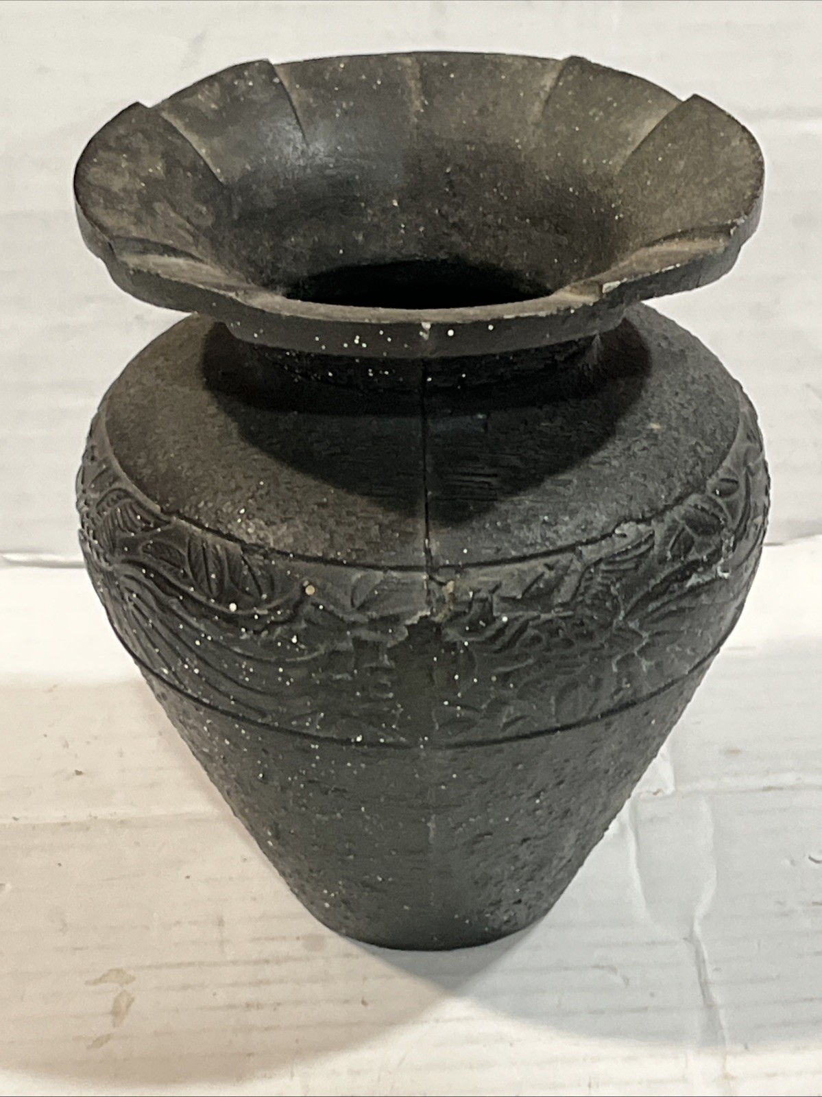 Chinese Stone Cast Vase Metal Decorated Design Iron? Asian Flowers Motif