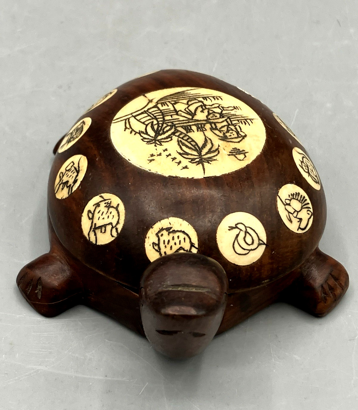 Vintage Chinese Carved Wooden Turtle Compass Case Zodiac Signs Inlay