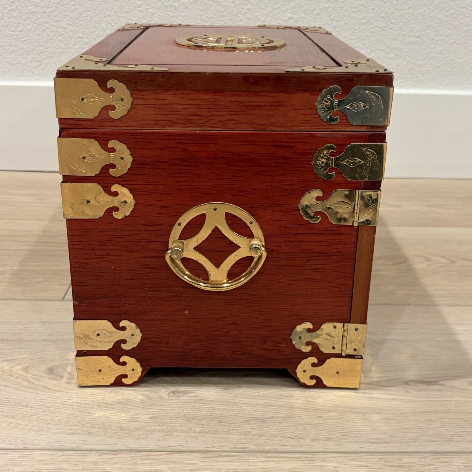 Large Chinese Rosewood & Brass 3 Drawer Flip Top Jewelry Box Longevity Symbol