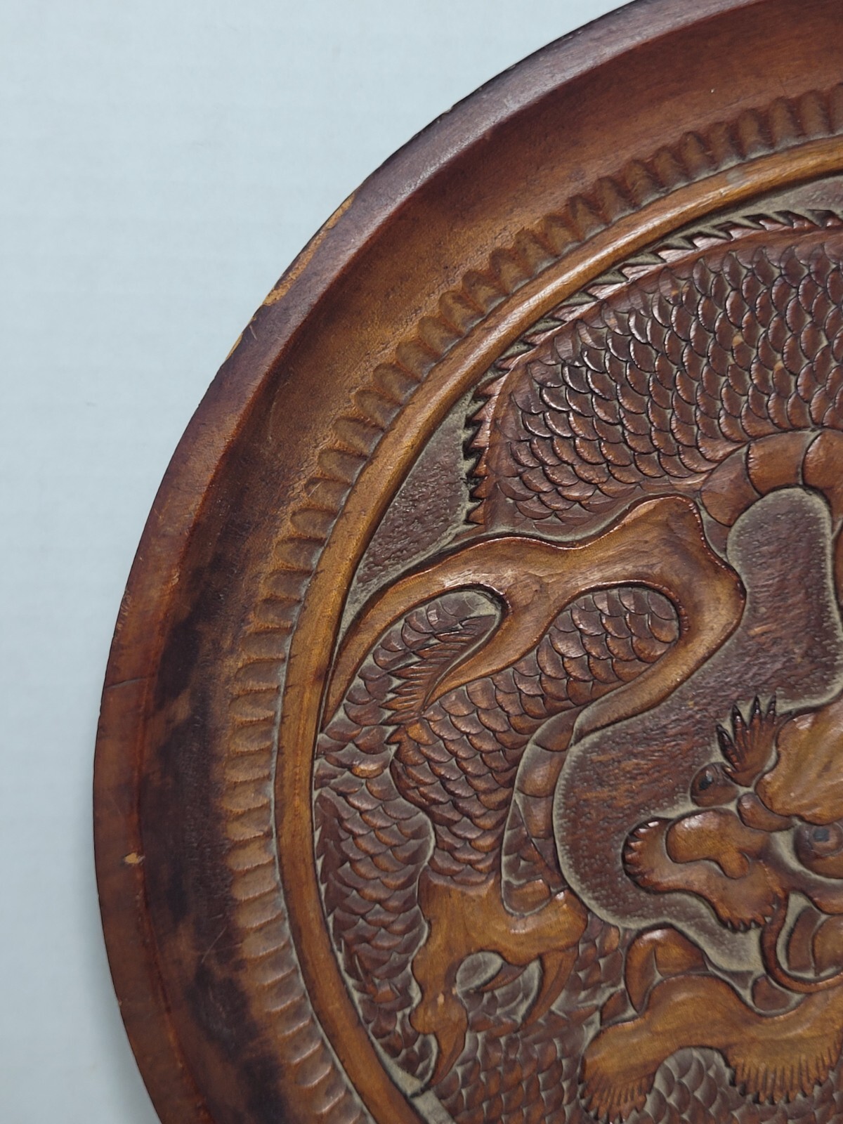 Vintage Carved Wooden Dragon Plaque Plate Chinese Decor Asian Oriental