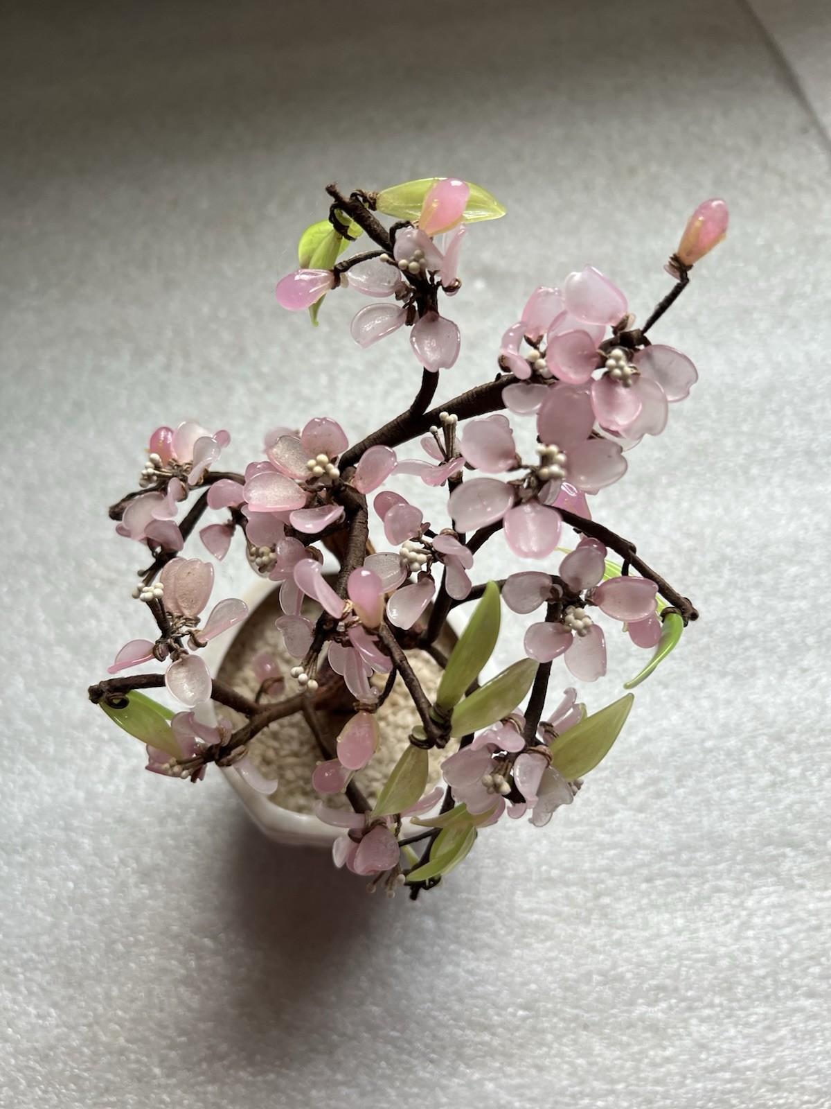 Vintage Jade Glass Bonsai Tree Pink Flowers in Celadon Pot 7.5 x 5”