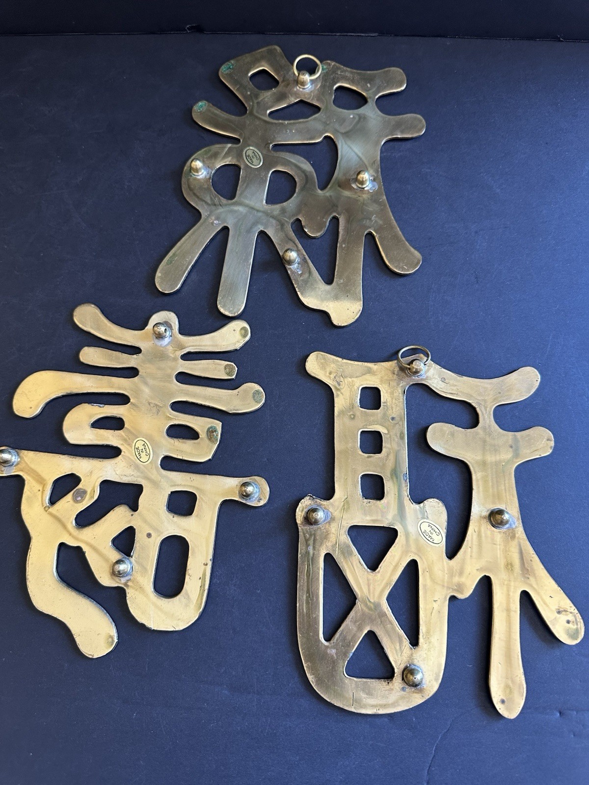 3 Chinese Symbols Solid Brass Wall Decor Trivets Happiness Good Luck Long Life