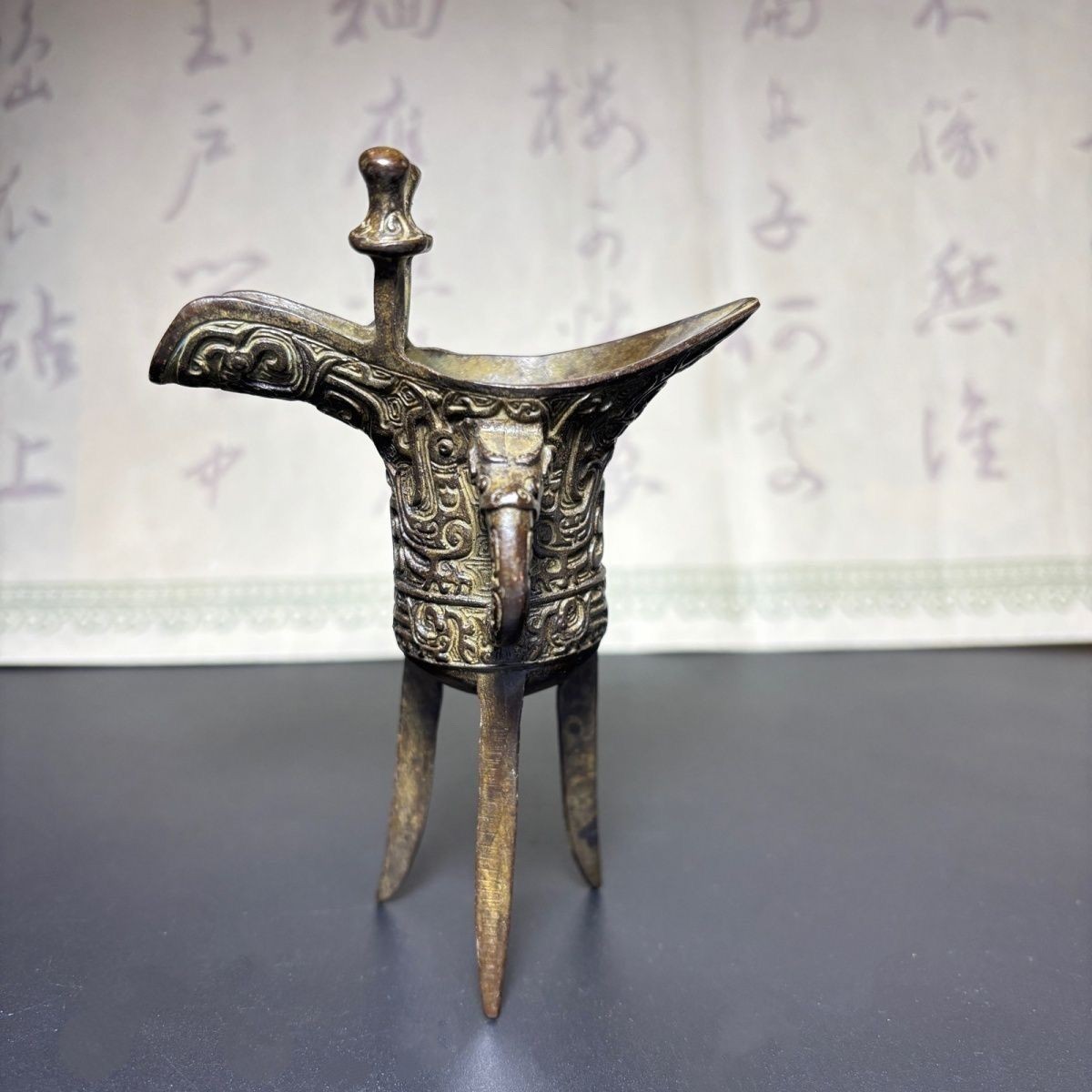 Vintage Alloy Phoenix Pattern Tripod Wine Jue Cup 12cm Antique Decor
