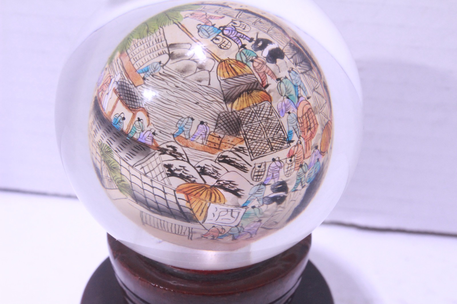 Qingming Festival River Map Reverse Hand Painted Glass Ball W Stand Paperweight