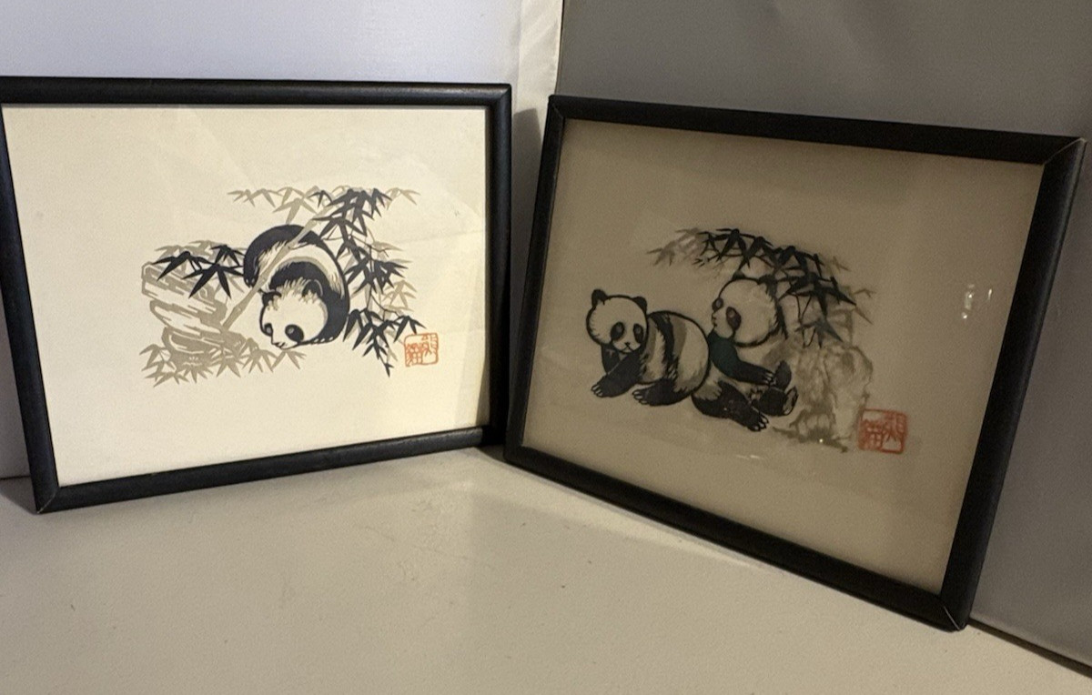 Pair of Chinese Folk Art Hand Cut Panda Paper Cut Outs 1979 8×10 Bear