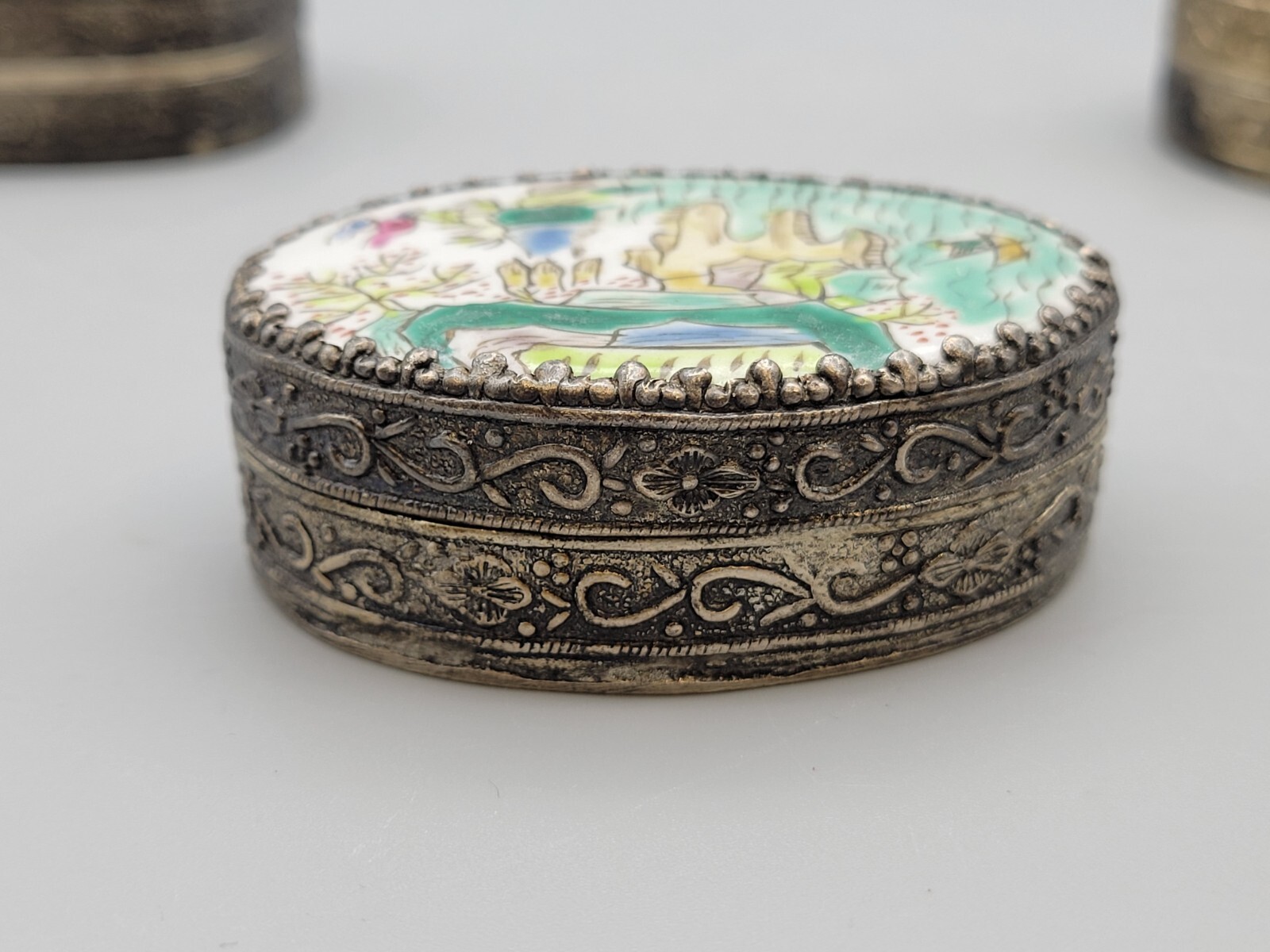 Three Chinese porcelain lid sliver trinket box