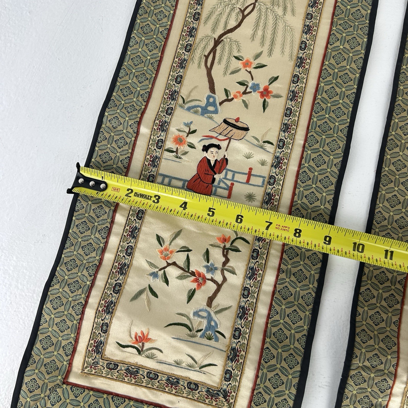 Vintage Asian Silk Panels Embroidery Needlepoint Wall Hanging Set Lot Pair 2