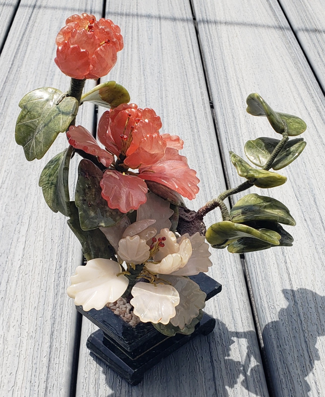 Vintage Stone Chinese Bonsai Tree (Jade Leaves, Pink Quartz Flowers, Jade Base)