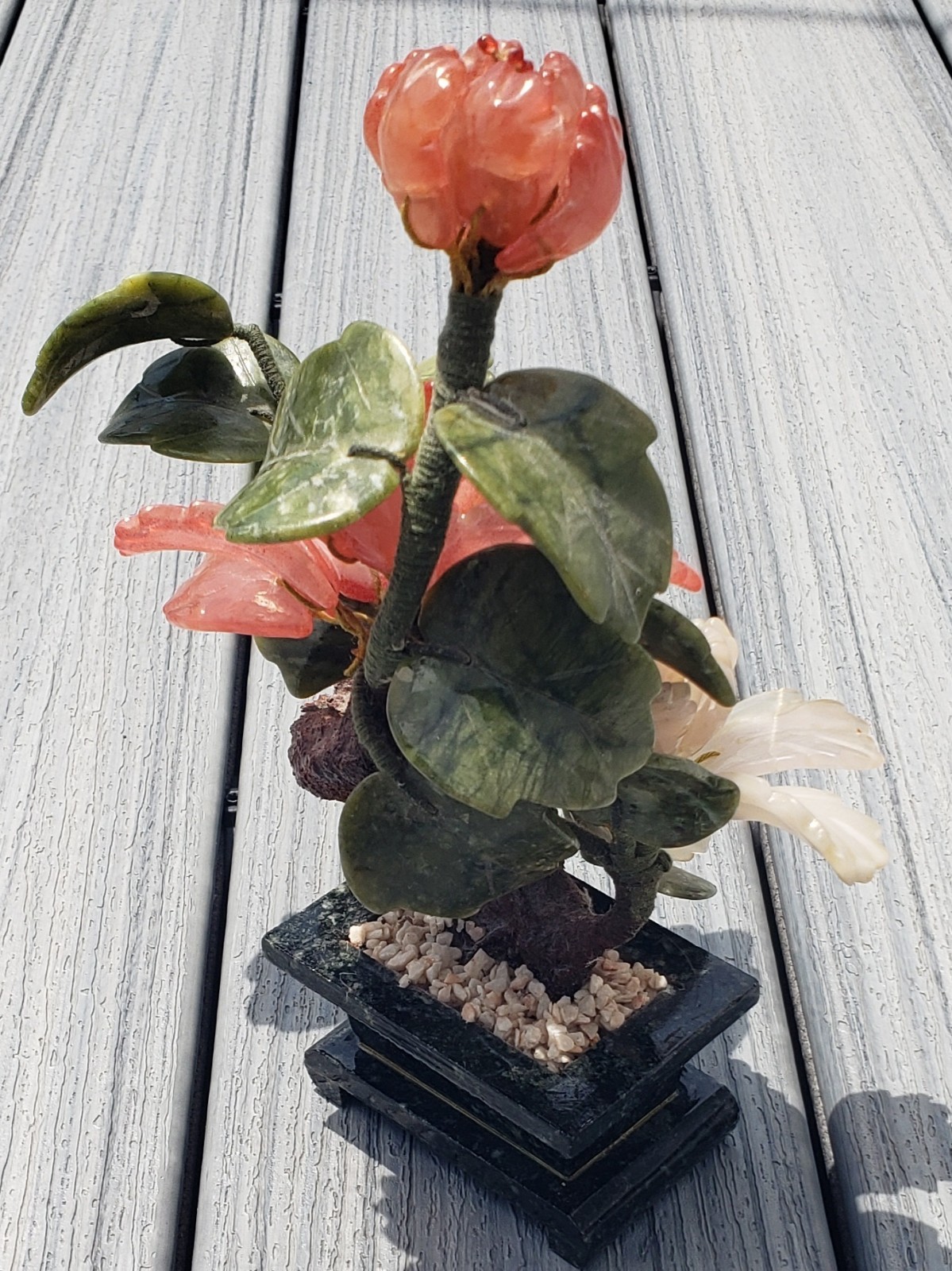 Vintage Stone Chinese Bonsai Tree (Jade Leaves, Pink Quartz Flowers, Jade Base)
