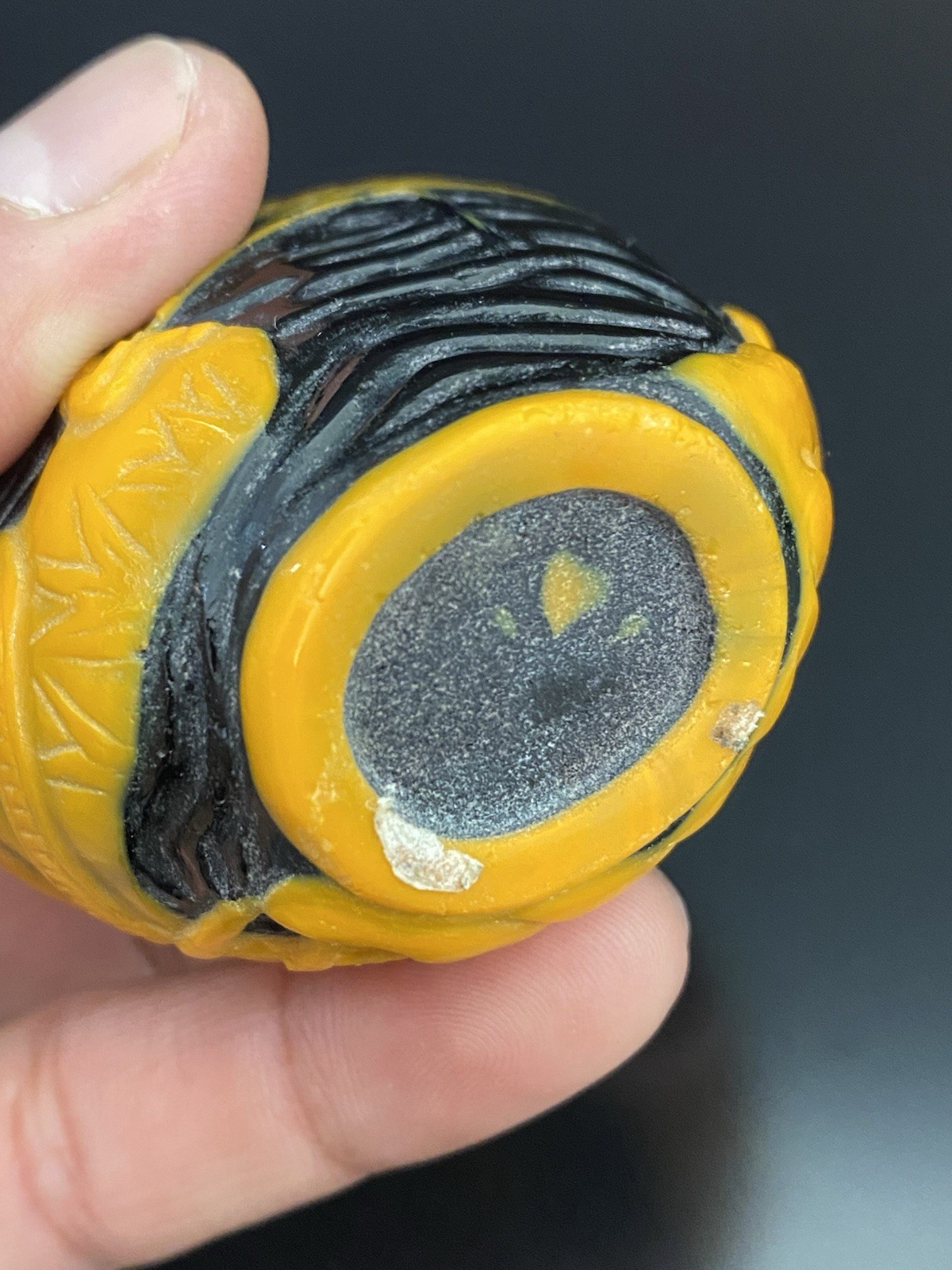 Antique Chinese Black Peking Glass Orange Overlay Snuff Bottle Jade Top
