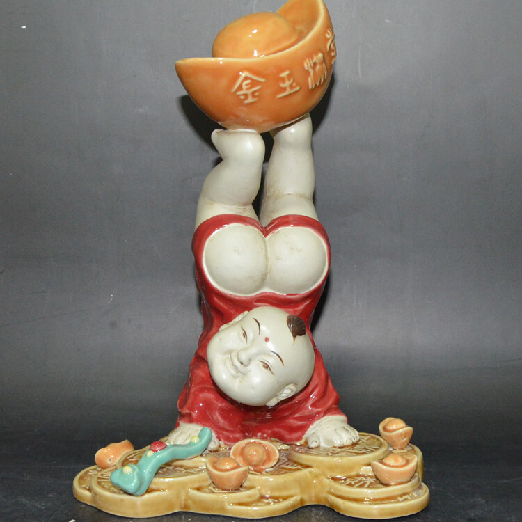 10.6″Collect China Jingdezhen Porcelain Yuen Bo Copper Cash Handstand Boy Statue