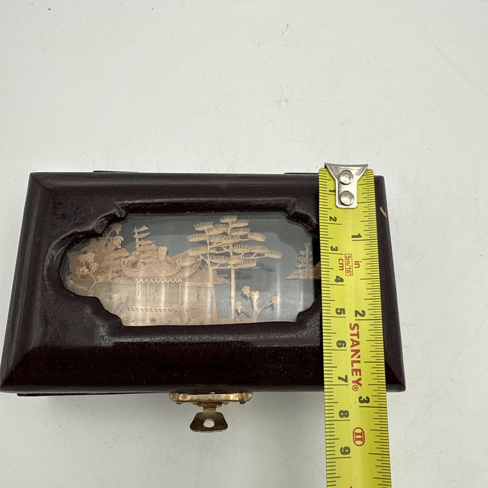 Asian Jewelry Wood Box Diorama Cork Art Pagoda Scene Brass