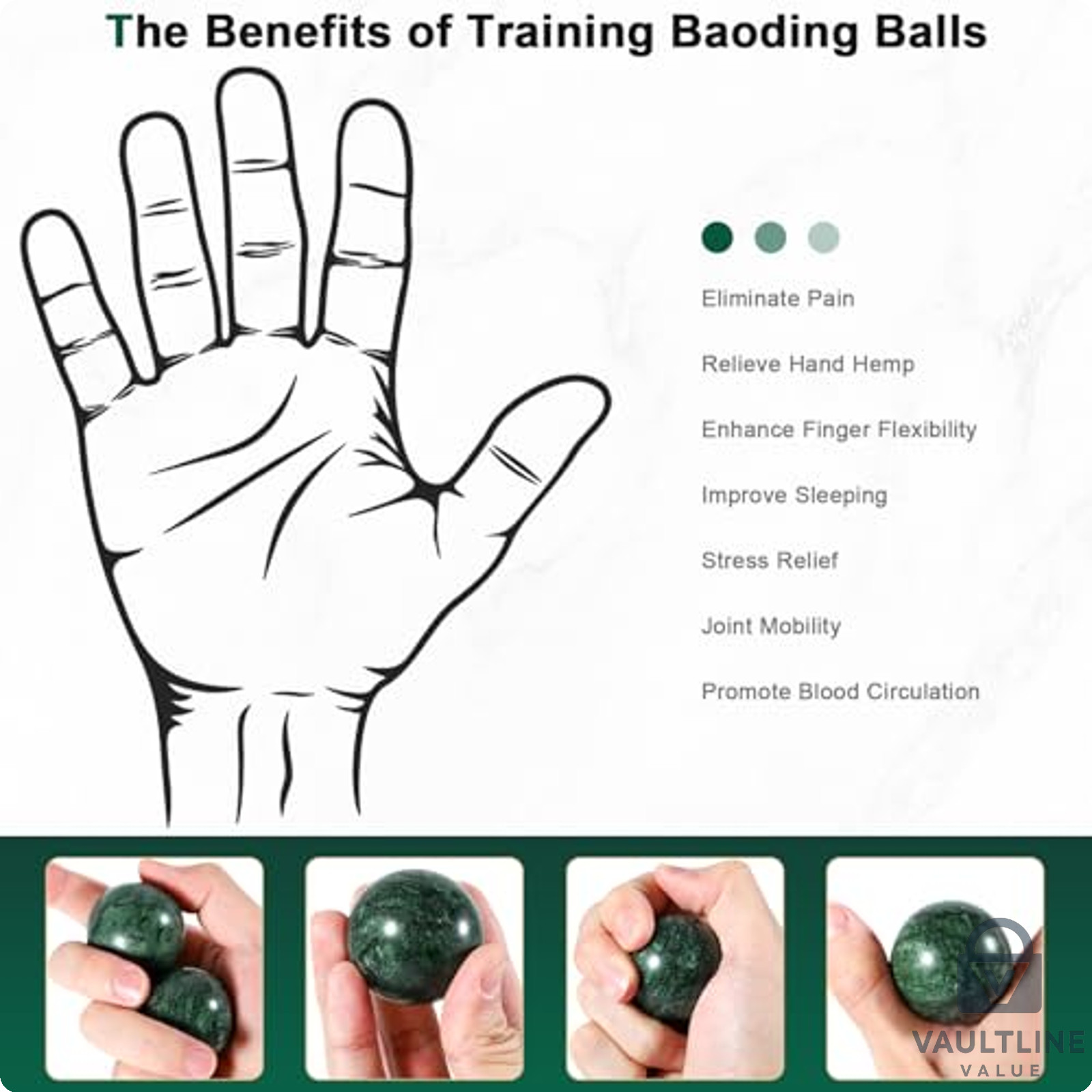 2 Pack Learay Green Marble Baoding Balls for Hand Exercise and Stress Relief