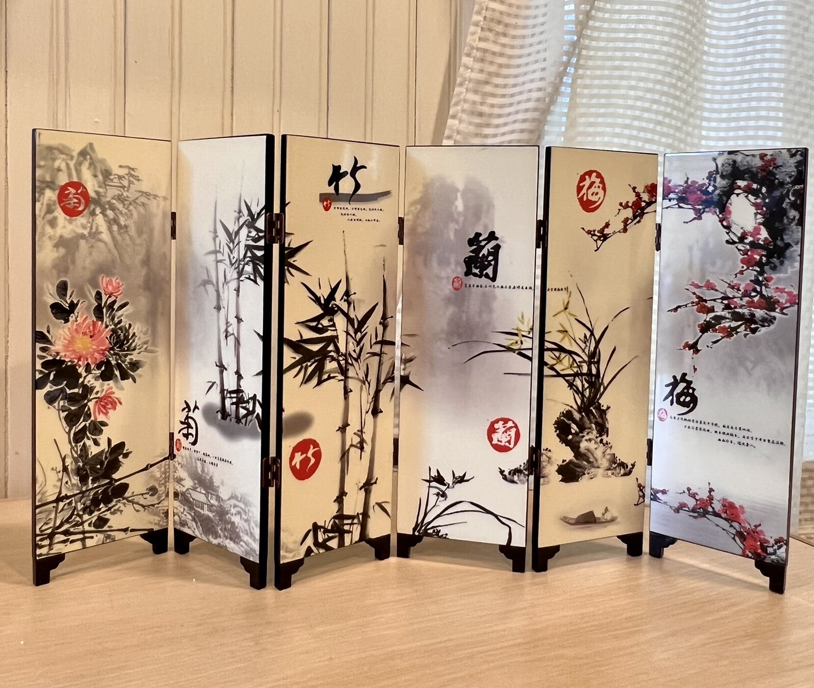 MINI ASIAN ORIENTAL 6 PANEL 9.5”TABLETOP ROOM DIVIDER LACQUERED Gift Boxed