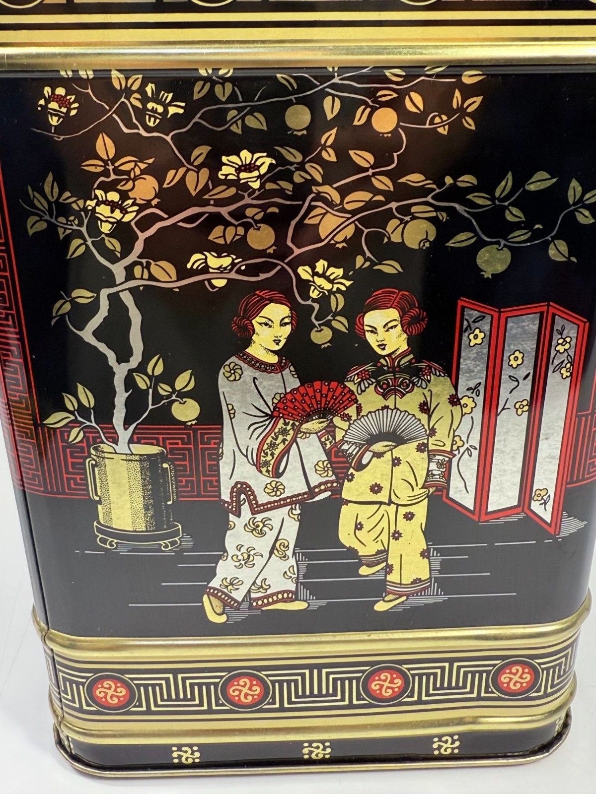 English Tea Tin Caddy Vintage 1970s Chinese Hinged Lid Black Red Gold Cranes Asi