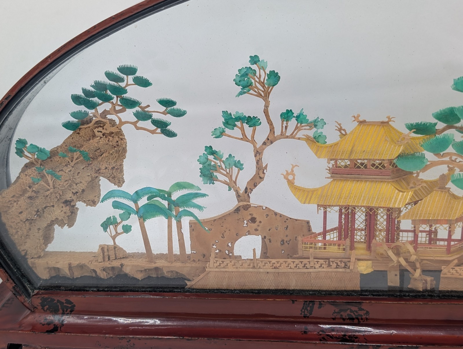 Vintage Oval Chinese/Asian Cork Art Hand Made Lacquered Wood With Glass 14x7x2