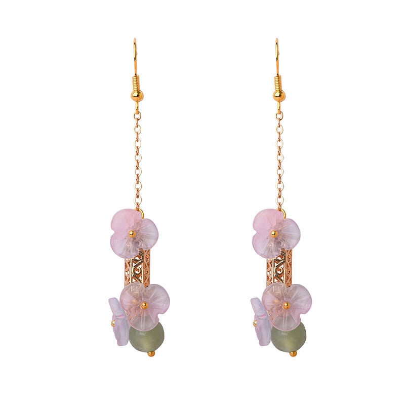 Chinese Dongling Jade/Coloured Glaze Flower Gild Tibetan Style Earbob Earrings