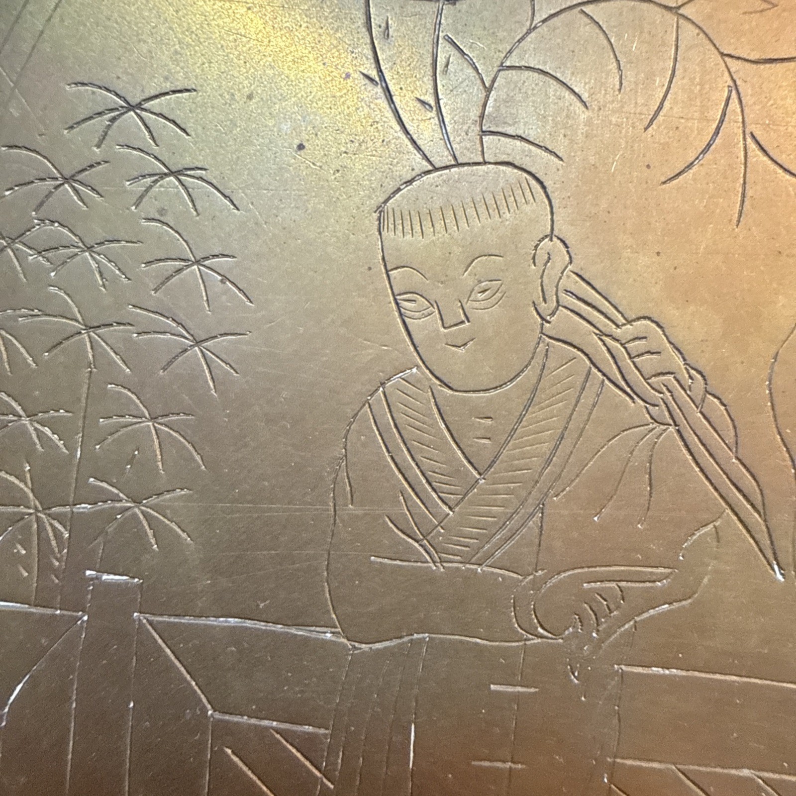 Vintage Chinese Brass Etched Tray Old Man & Boy 12”