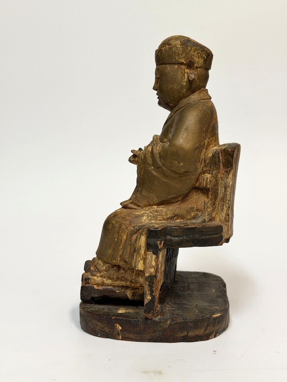 17/18C Chinese Gilt Wooden Folk Carving Seated Deity 8.5″ tall