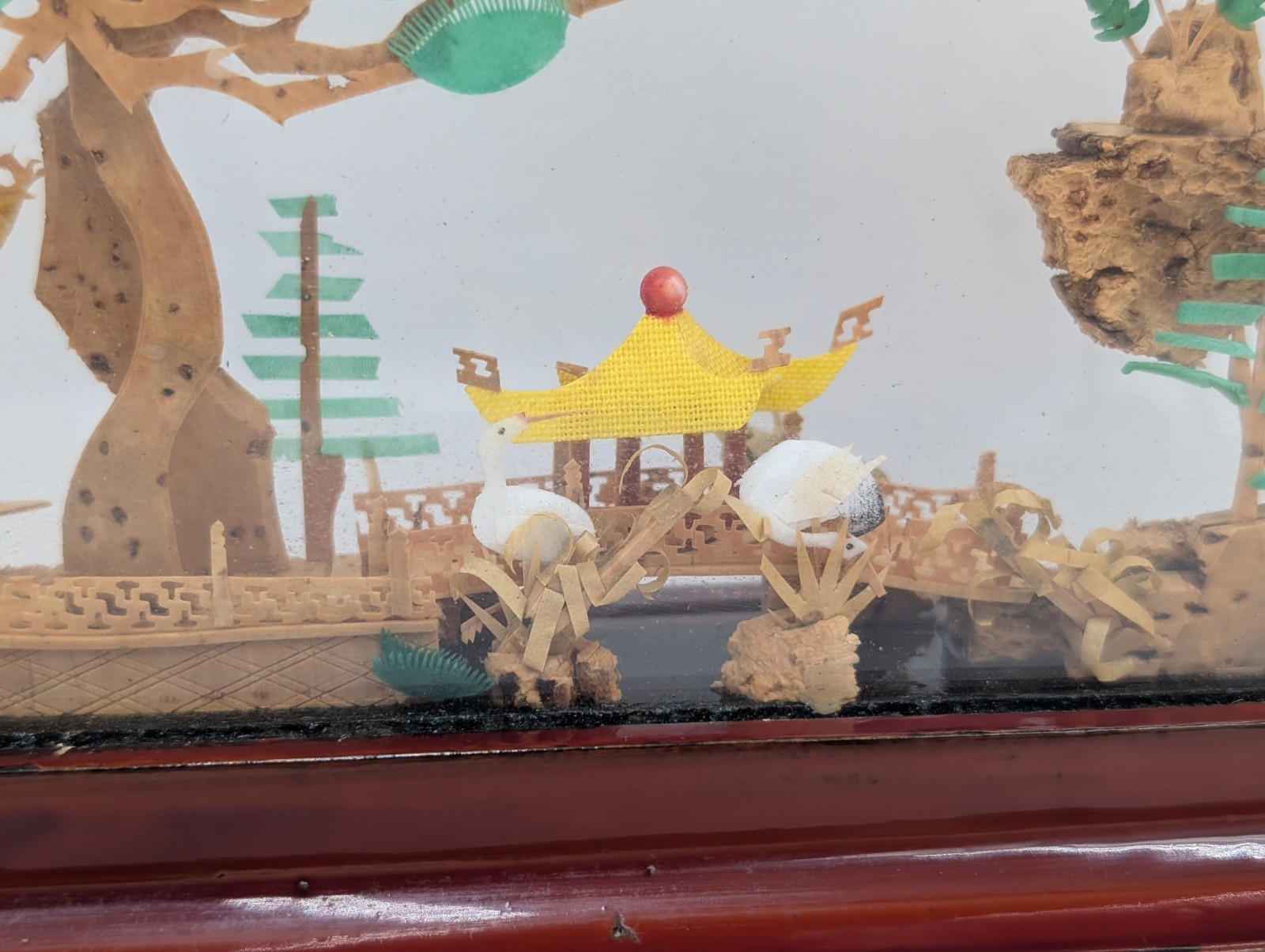 Vintage Oval Chinese/Asian Cork Art Hand Made Lacquered Wood With Glass 14x7x2