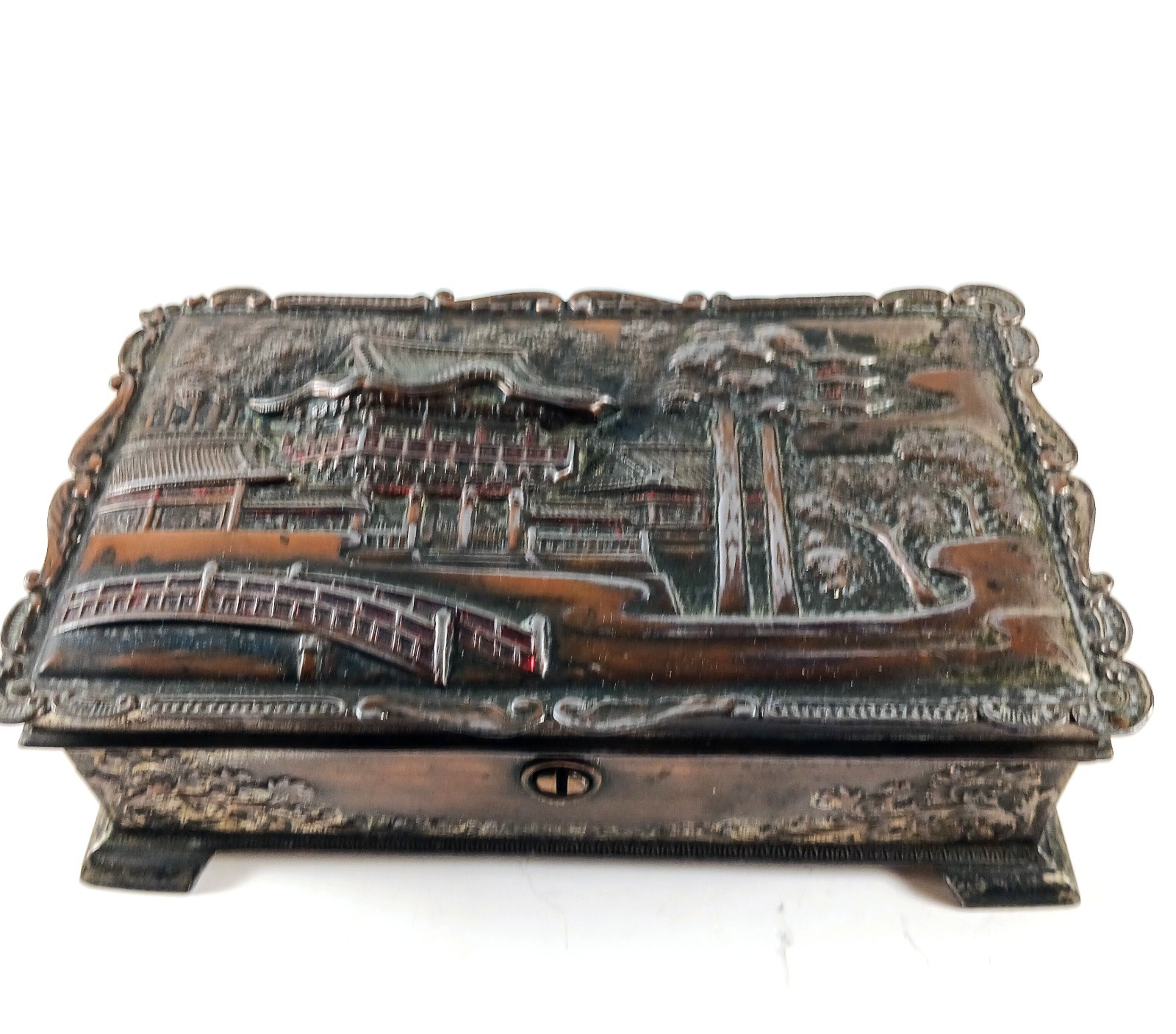Vintage Asian Metal Jewelry Box Pagoda with Trees & Bridge 6.25″ x 3.75″ x 1.5″