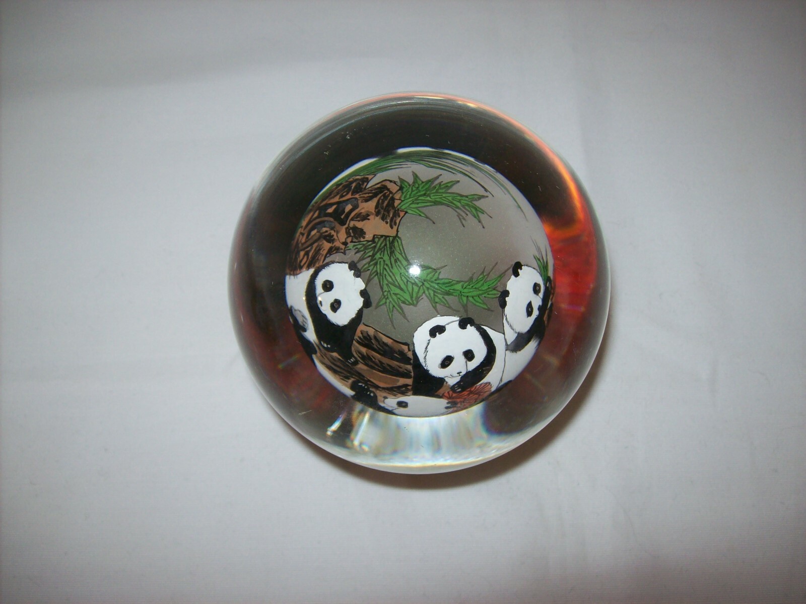 Asian Panda Bears Reverse Hand Painted Solid Glass Ball-Orb-Sphere-Globe w/Stand