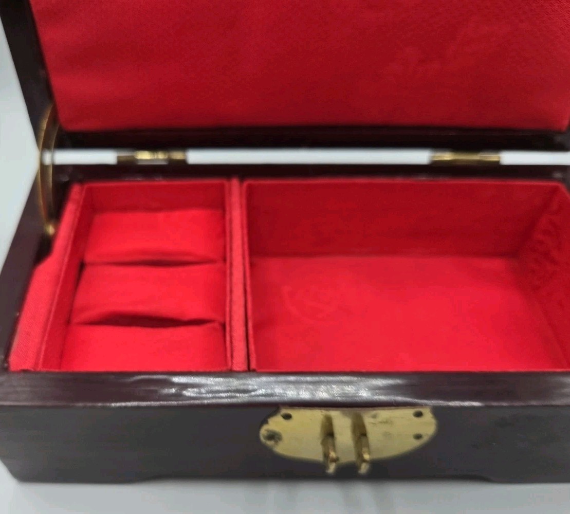 VTG San You Asian Jewelry Wood Box Diorama Cork Art Pagoda Scene Brass Lined