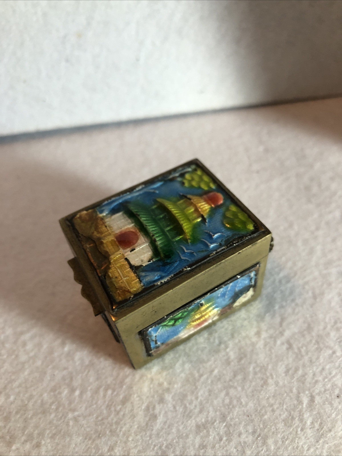 Chinese Brass Enamel Temple Stamp Box Vintage Antique